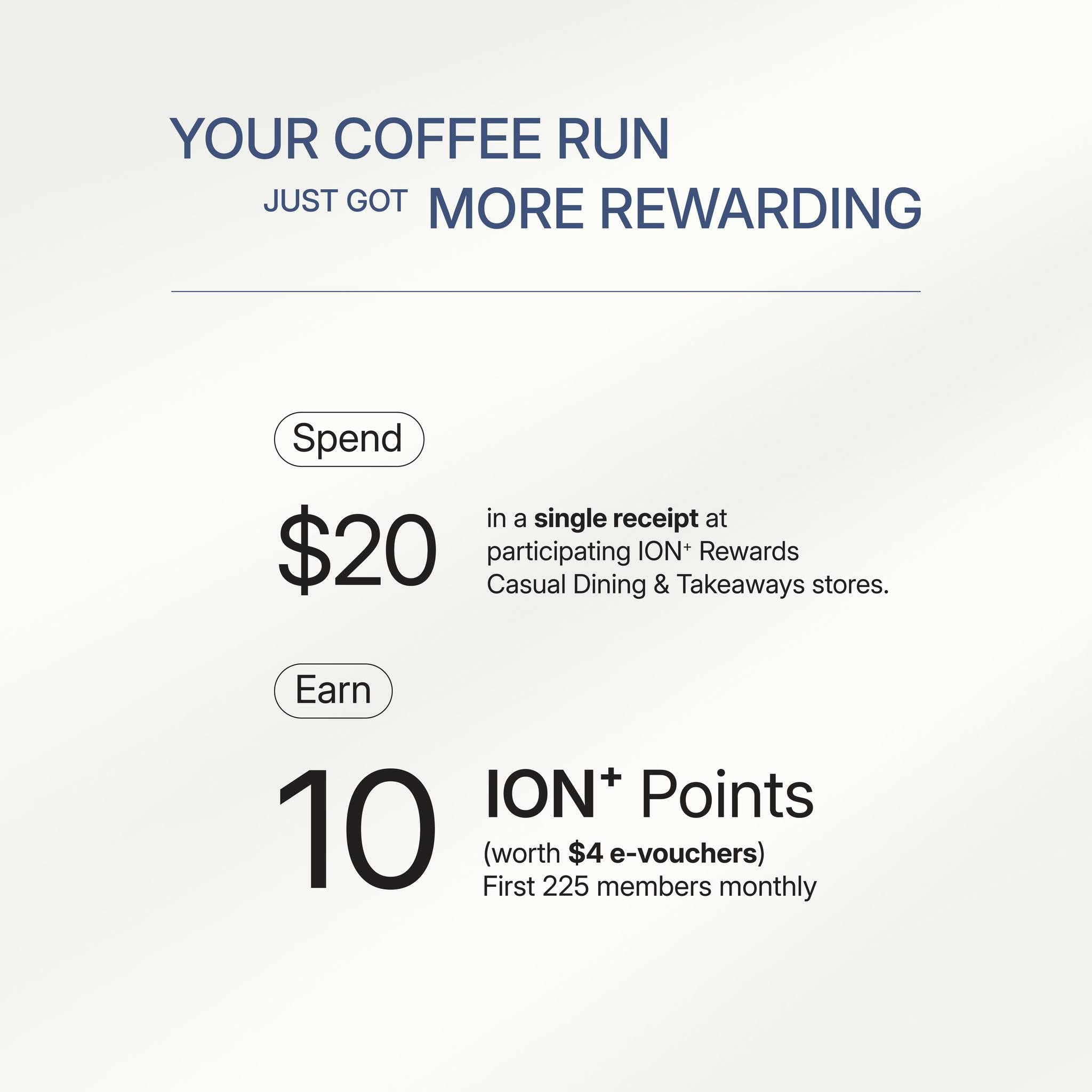 ION+ Rewards Casual Dining and Takeaways spend $20 earn 10 points worth $4 e-vouchers