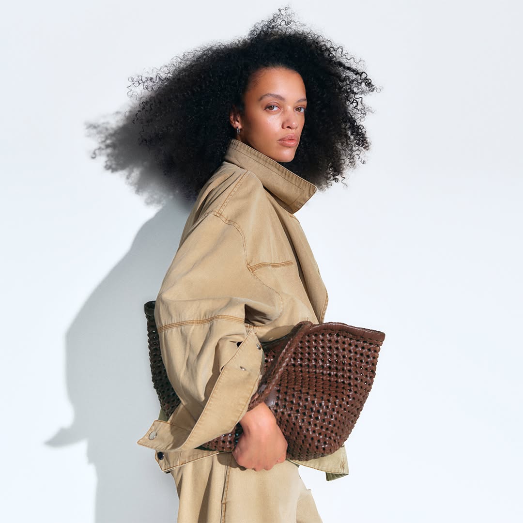 BIMBA Y LOLA Large Plaited Shopper Bag in walnut hue with geometric weave at ION Orchard