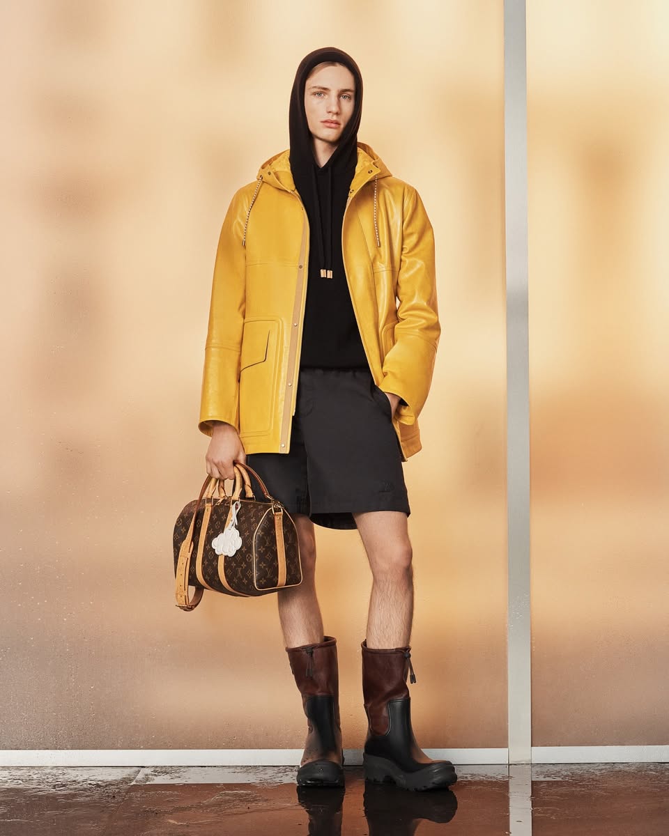 Louis Vuitton SS2027 Men's Pre-Collection yellow hooded jacket with Speedy 25 bag