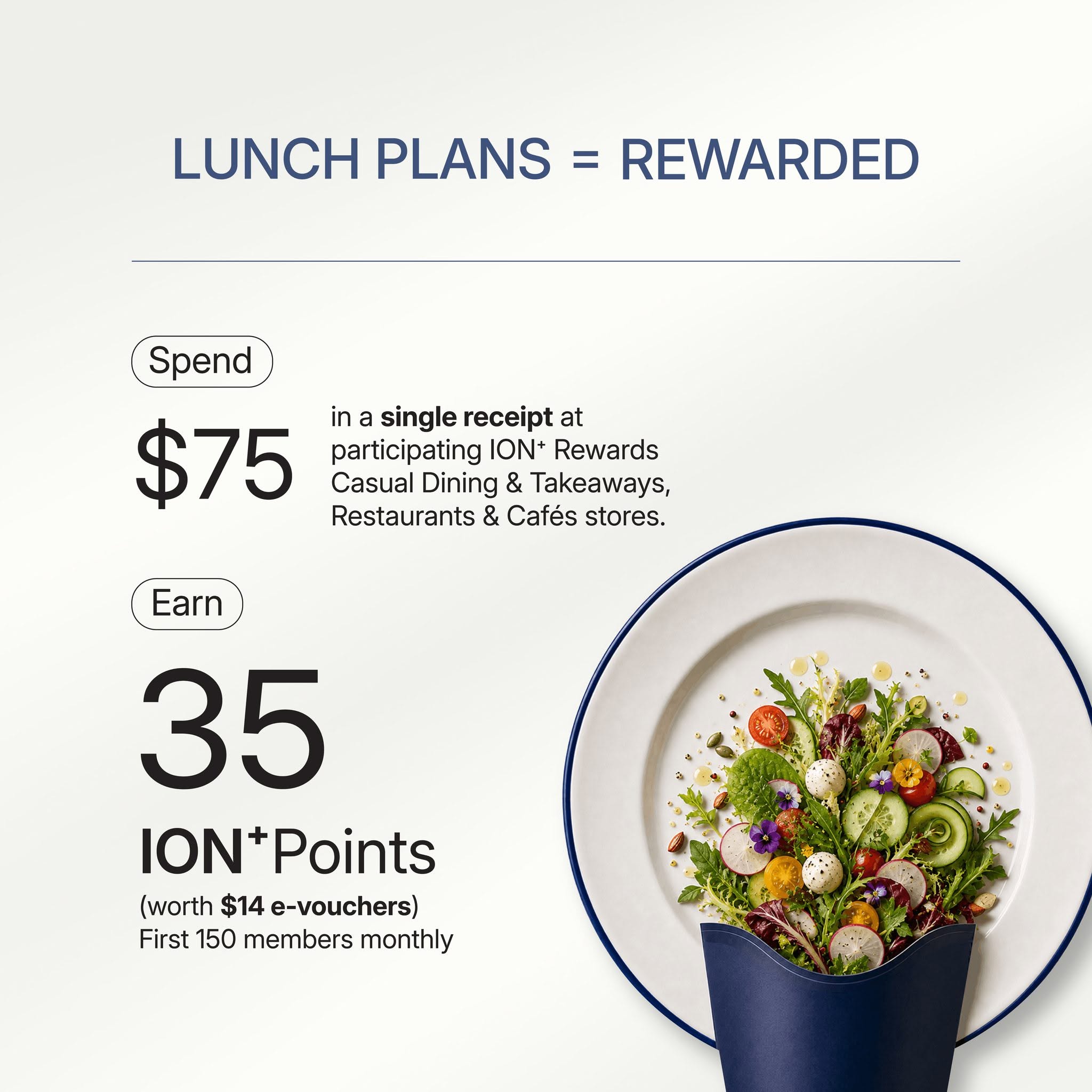 ION+ Rewards lunch spend $75 earn 35 points worth $14 e-vouchers at restaurants and cafes