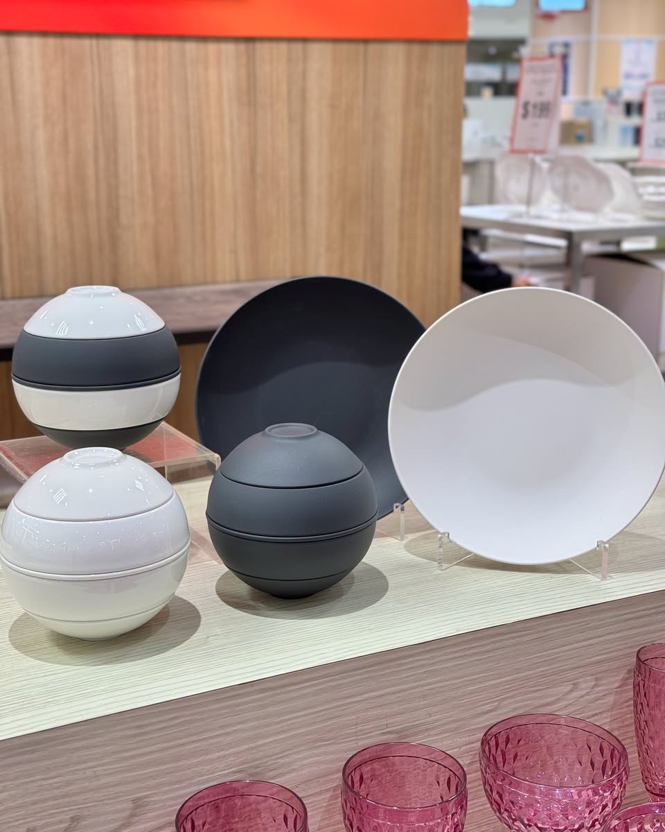 Ceramic bowls and glassware on display at Takashimaya
