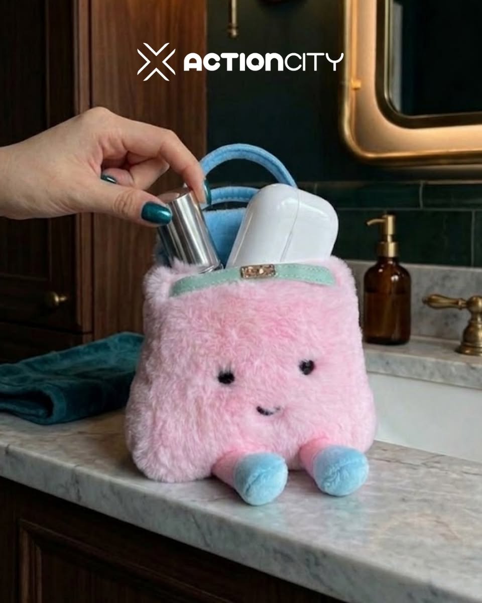 Pink Lollipoppi plush cosmetic bag with accessories