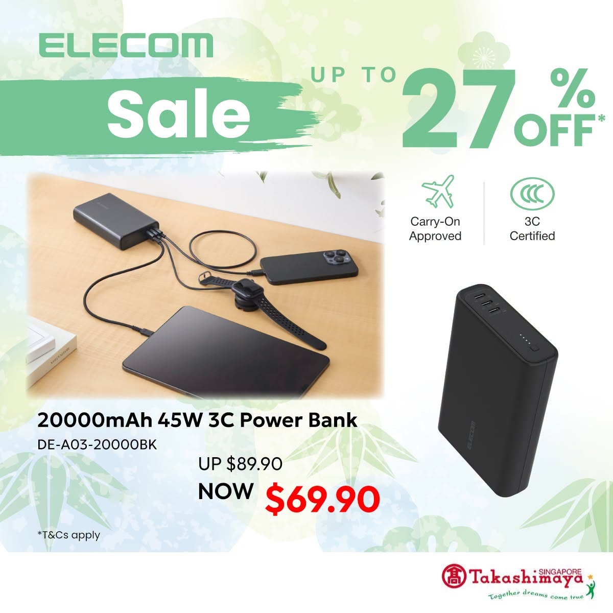 ELECOM 20000mAh 45W 3C Power Bank at Takashimaya Singapore