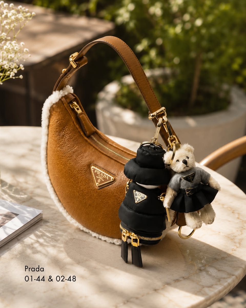 Prada keychains on brown shoulder bag at Paragon