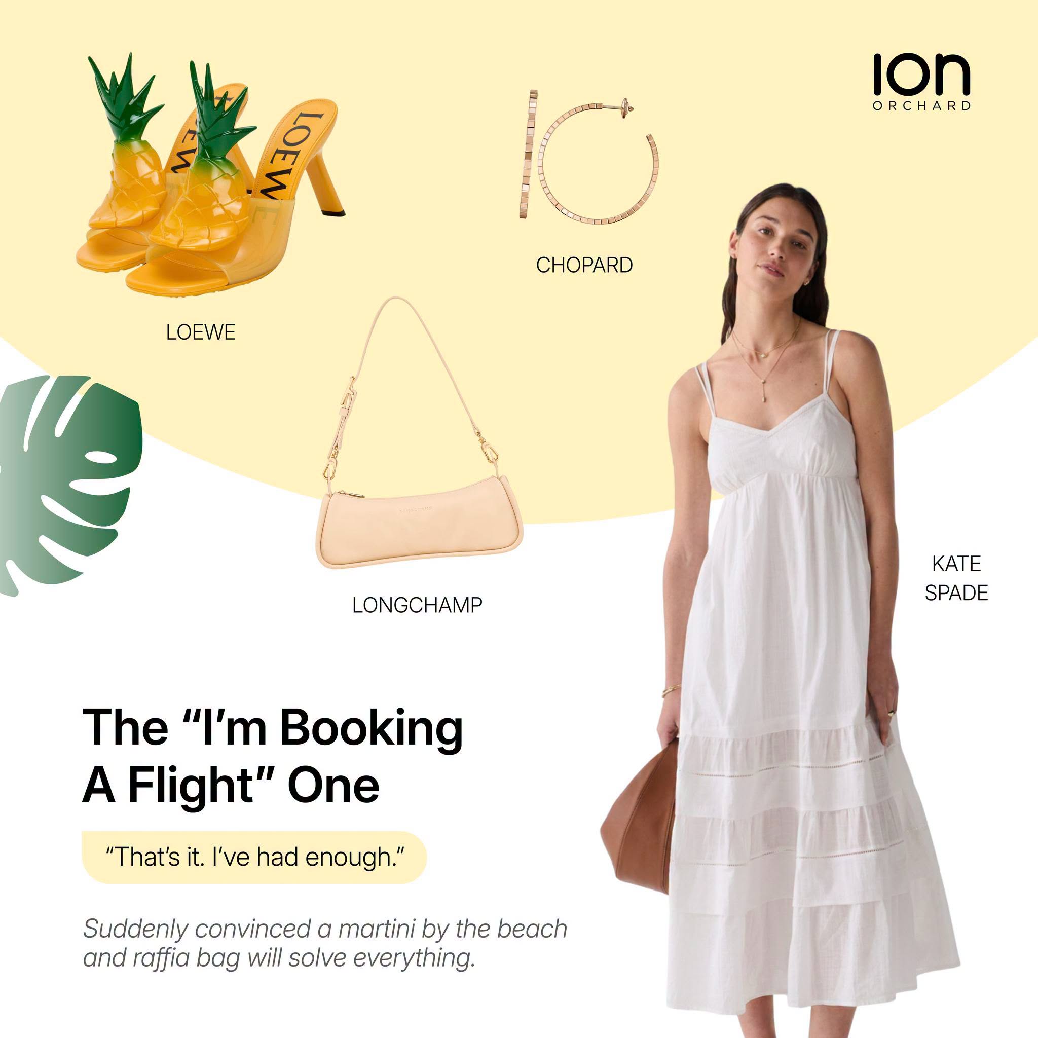 Loewe pineapple heels, Chopard earrings, Longchamp bag and Kate Spade sundress styled together