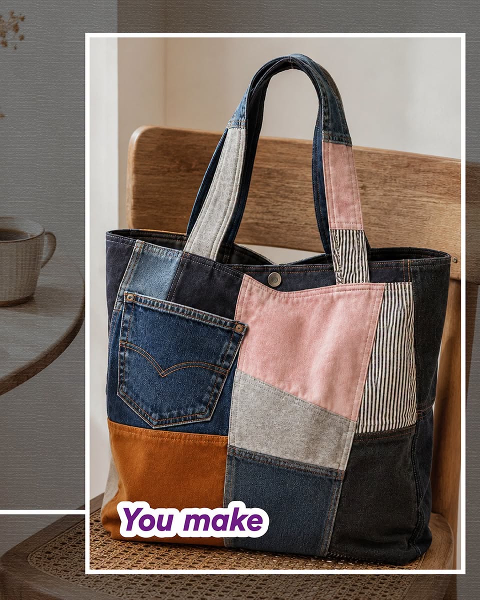 DIY denim patchwork tote bag made from repurposed jeans
