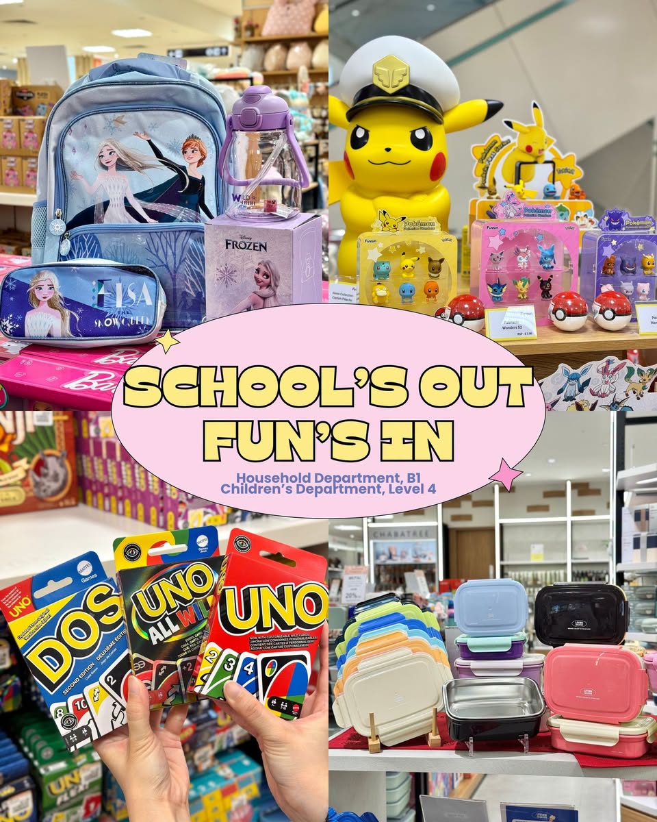 Pokémon plush, Frozen school supplies and UNO card games at Takashimaya Department Store