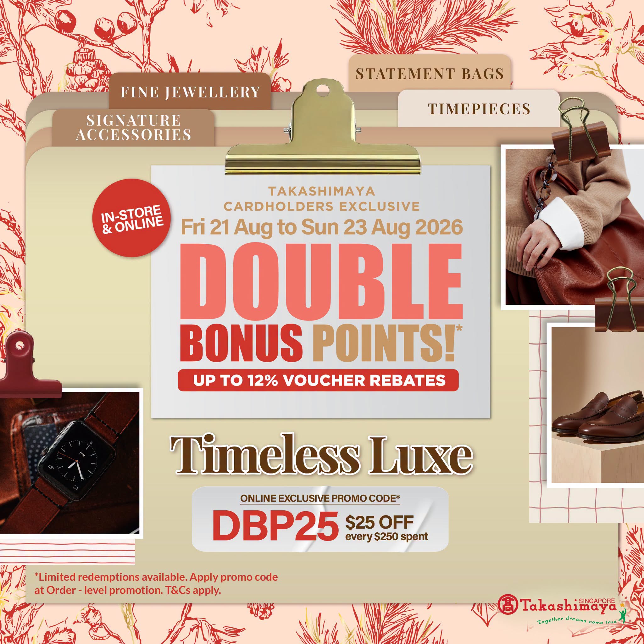 Takashimaya Double Bonus Points promotion featuring fine jewellery, statement bags, timepieces, and signature accessories