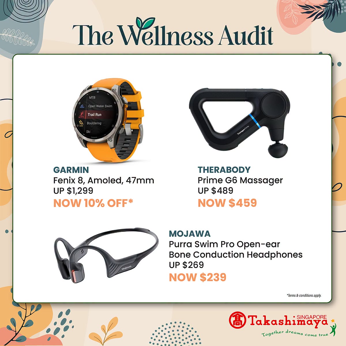 Garmin Fenix 8, Therabody Prime G6 Massager and Mojawa Purra Swim Pro headphones