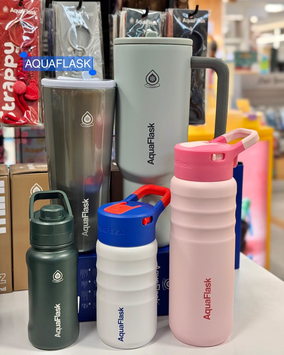 AquaFlask water bottles in various colors