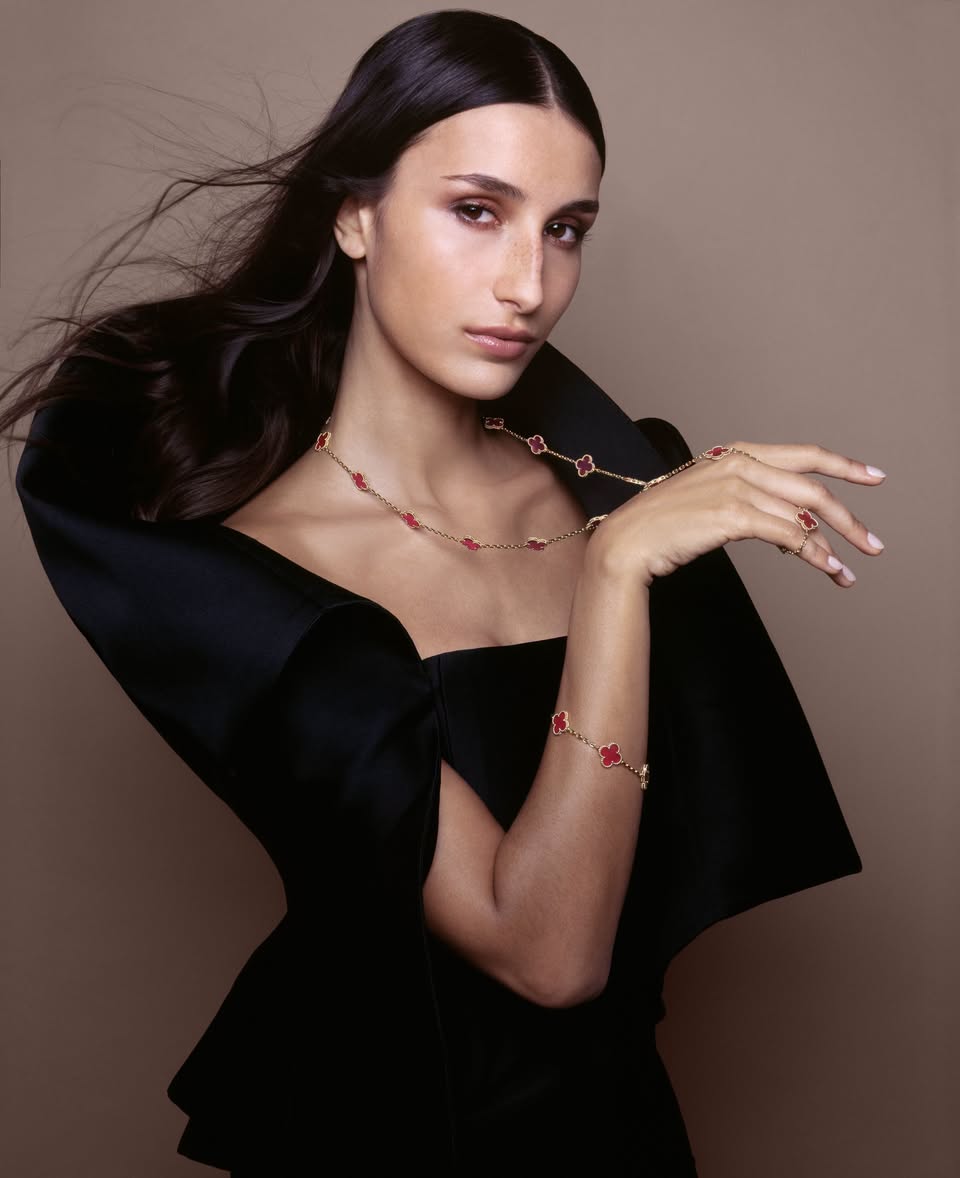 Van Cleef & Arpels Alhambra pink enamel necklace, bracelet and ring