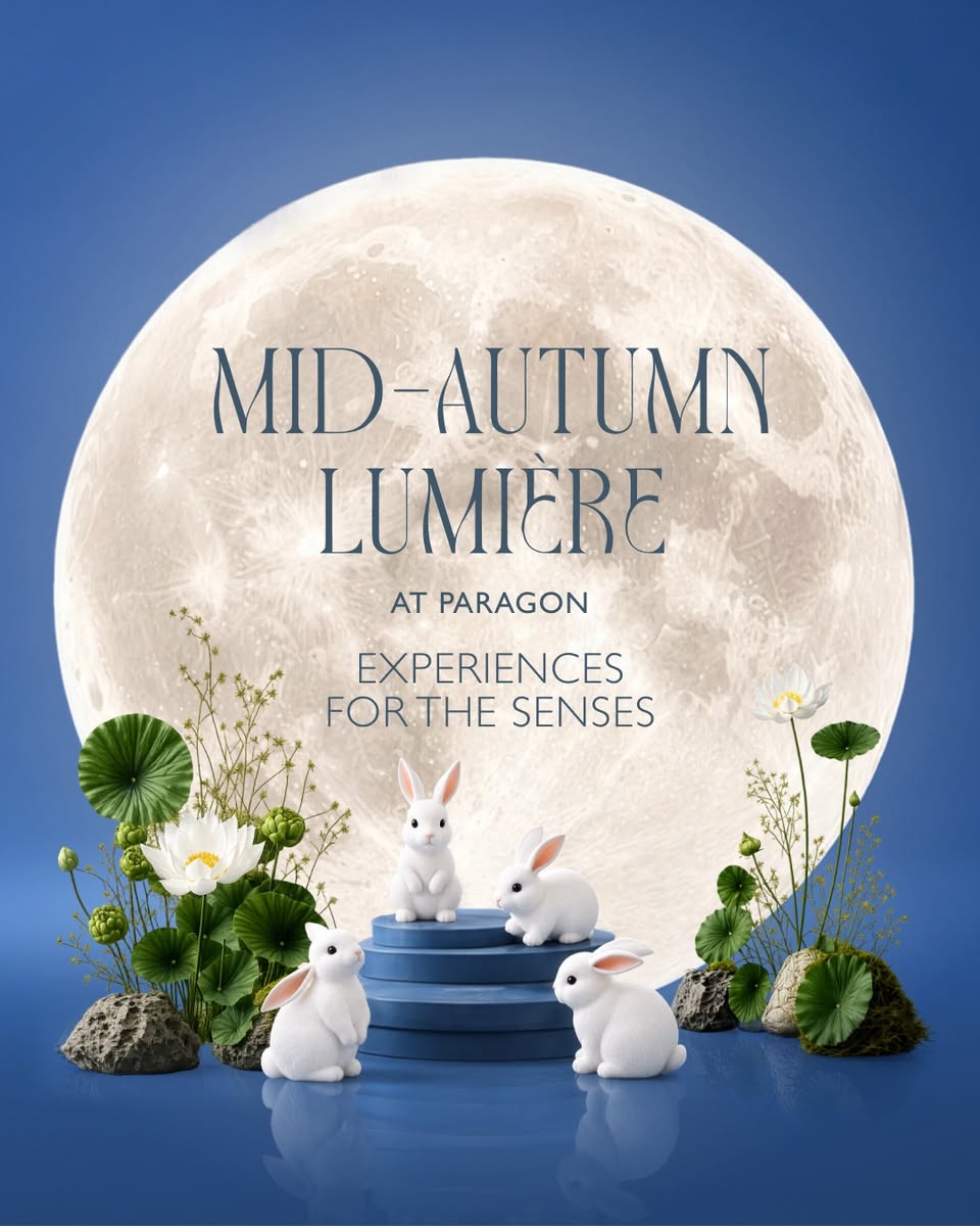 Mid-Autumn Lumiere at Paragon with white rabbits, lotus flowers and a large moon backdrop