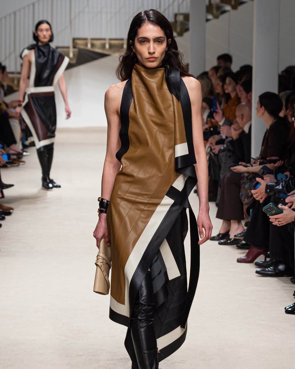 Sleeveless leather dress with geometric panels from the Tod's runway