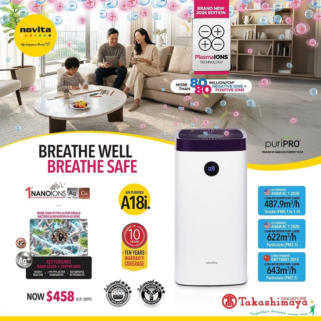 novita A18i Air Purifier promotional graphic at Takashimaya Singapore