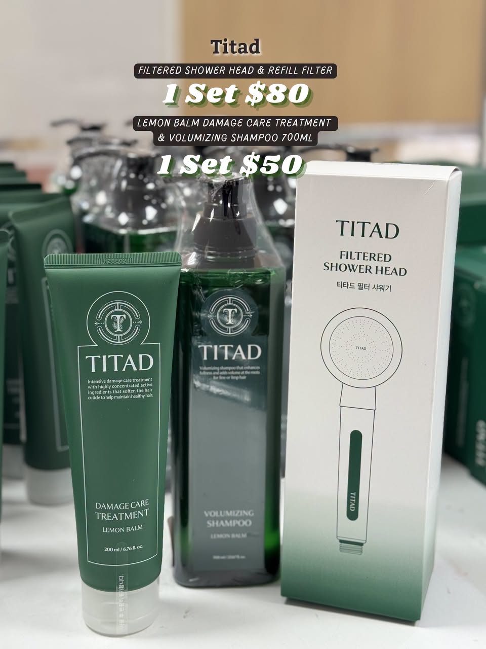 TITAD filtered shower head and lemon balm hair care products