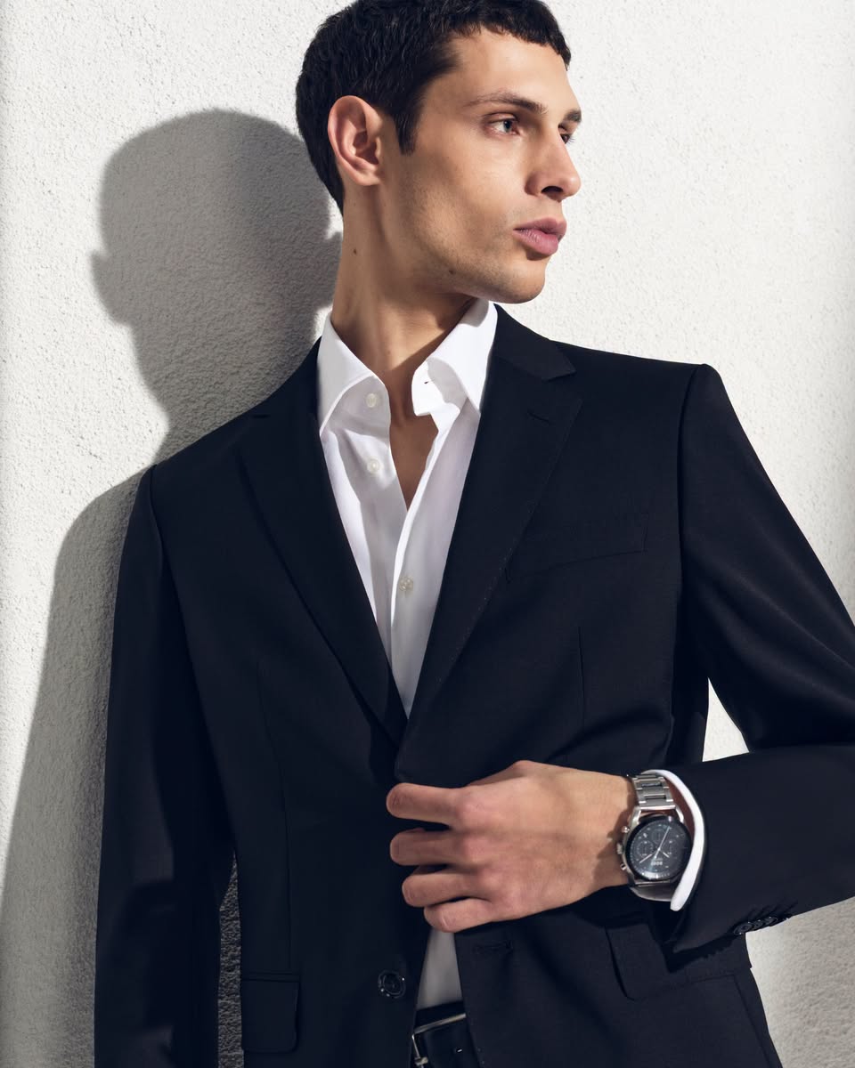 BOSS black suit with wristwatch
