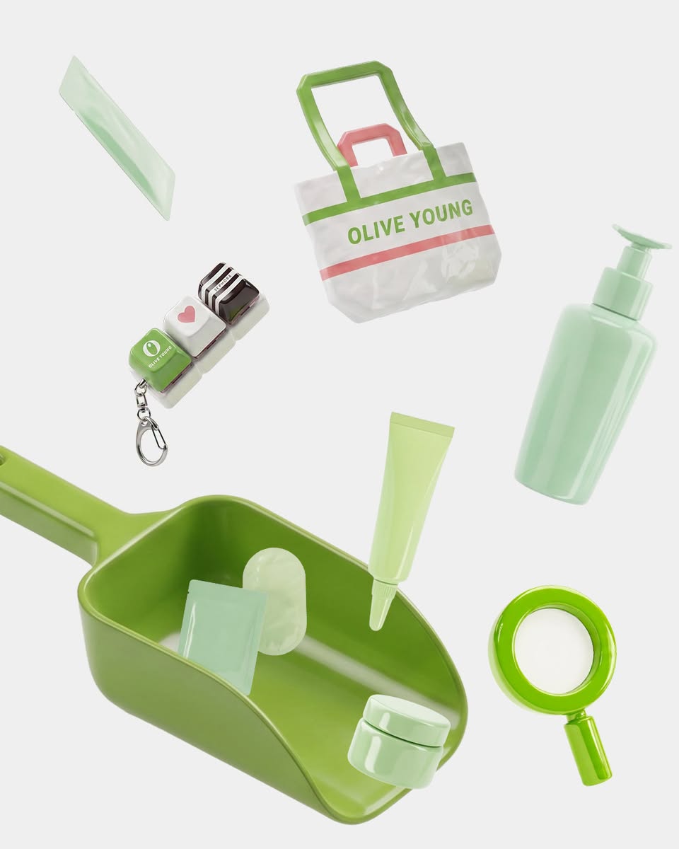 OLIVE YOUNG beauty products and bag