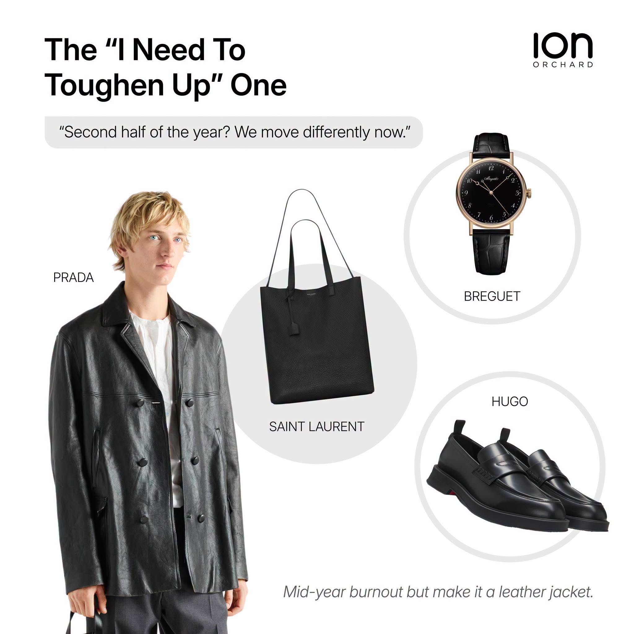 Prada leather jacket, Saint Laurent tote, Breguet watch and HUGO loafers styled together