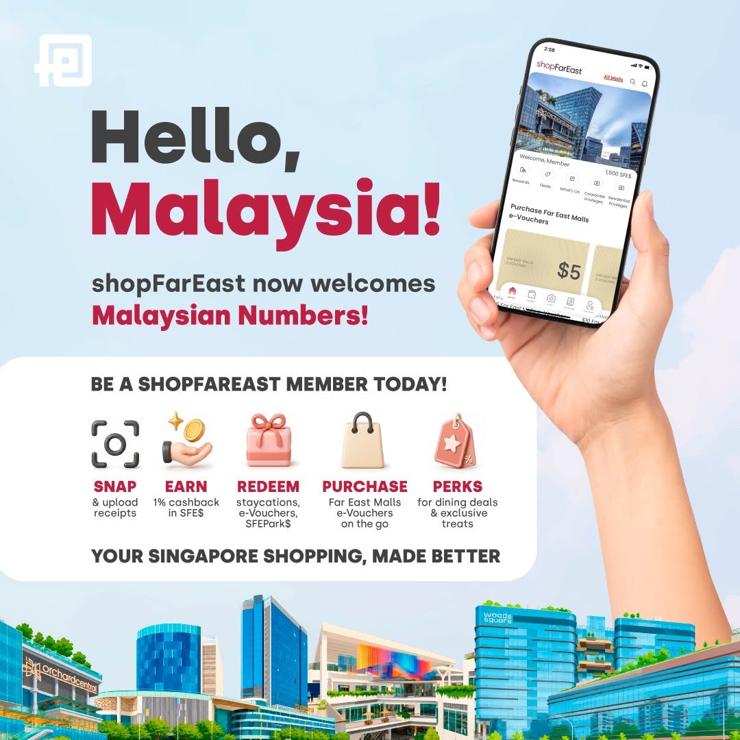 shopFarEast app showing Far East Malls e-Vouchers and rewards features