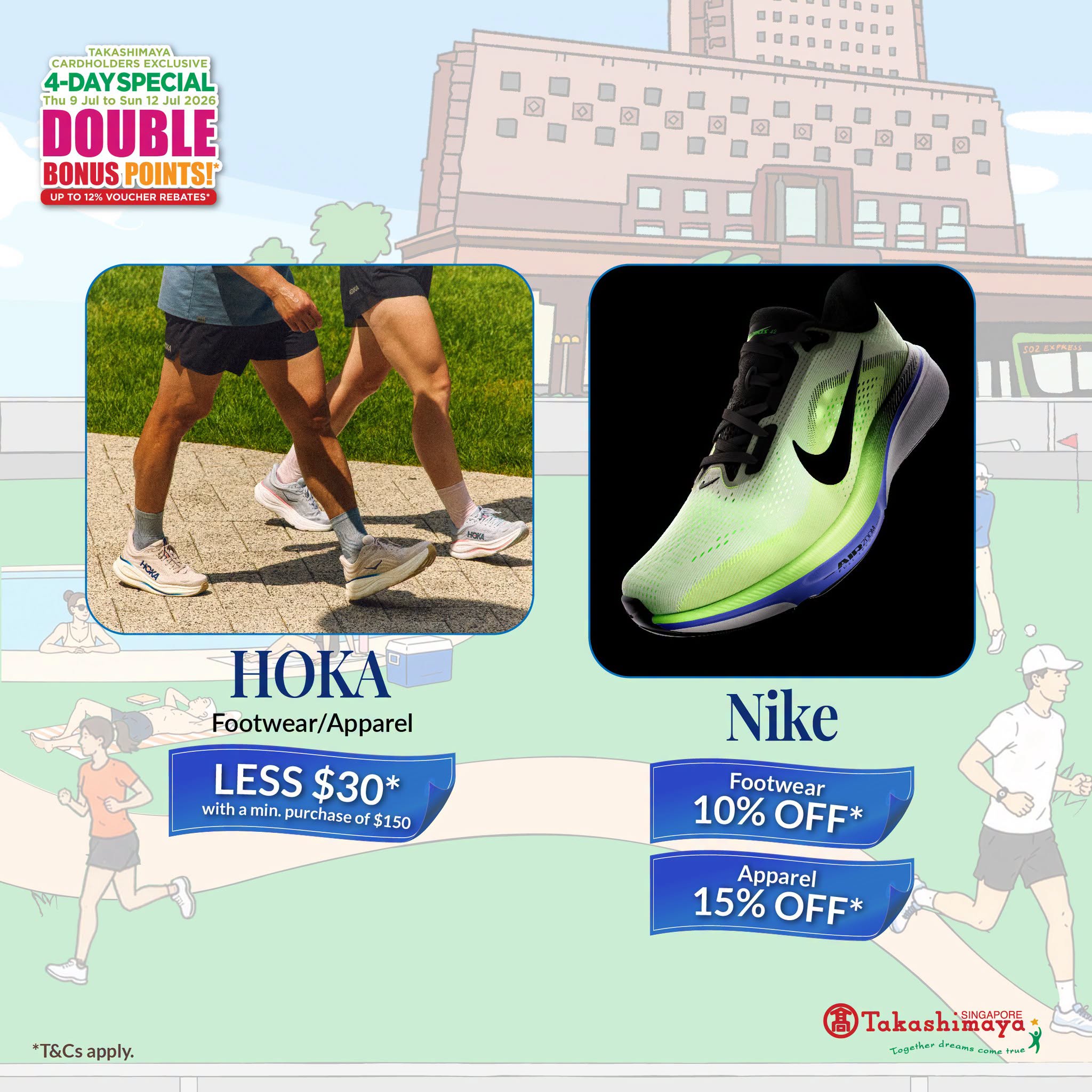HOKA and Nike footwear and apparel deals at Takashimaya Double Bonus Points