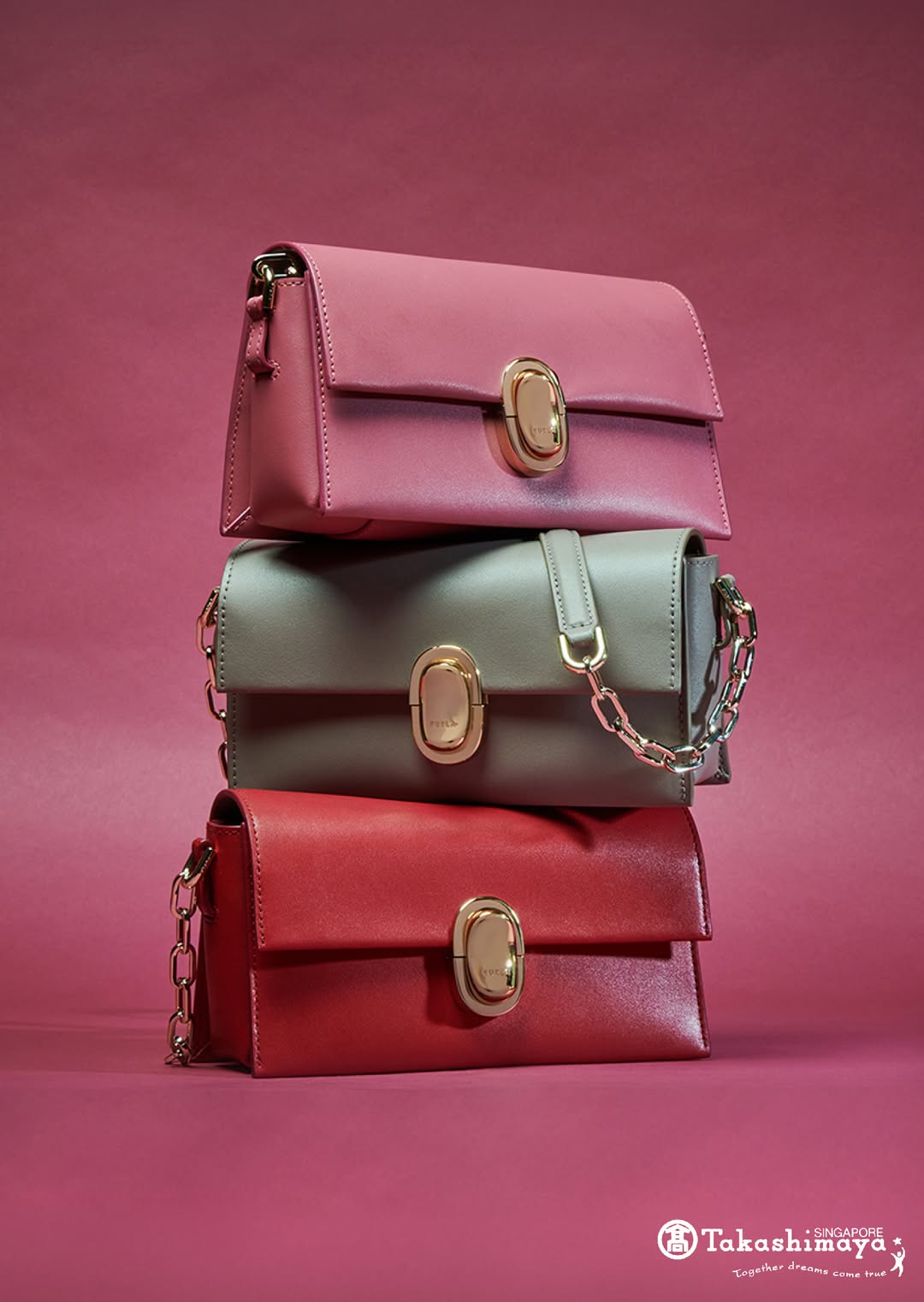 Furla handbags in pink, olive green and red at Takashimaya Shopping Centre