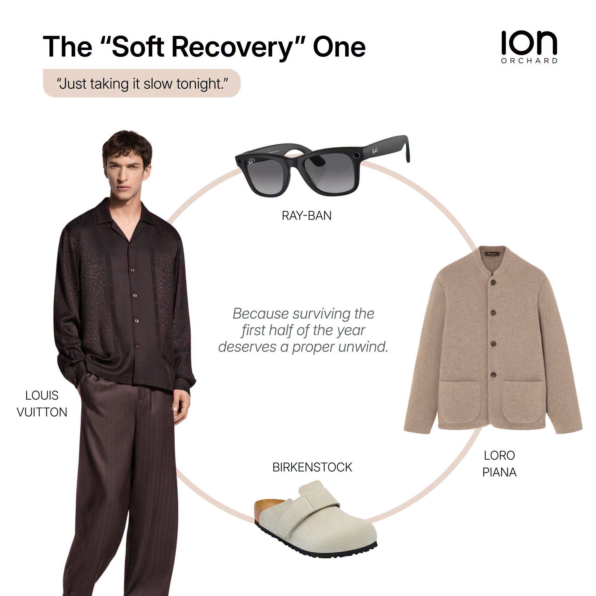 Louis Vuitton outfit with Ray-Ban sunglasses, Birkenstock sandals and Loro Piana cardigan