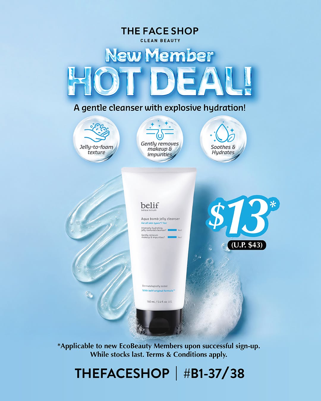 THEFACESHOP Wisma Atria: belif Aqua Bomb Jelly Cleanser at $13 for New Members