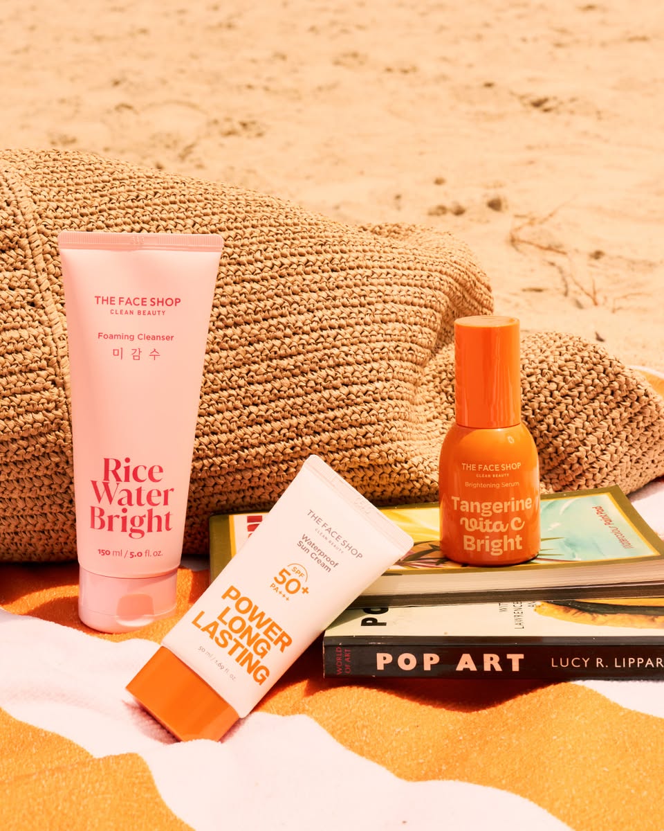 THEFACESHOP Clean Beauty summer power trio products on beach display