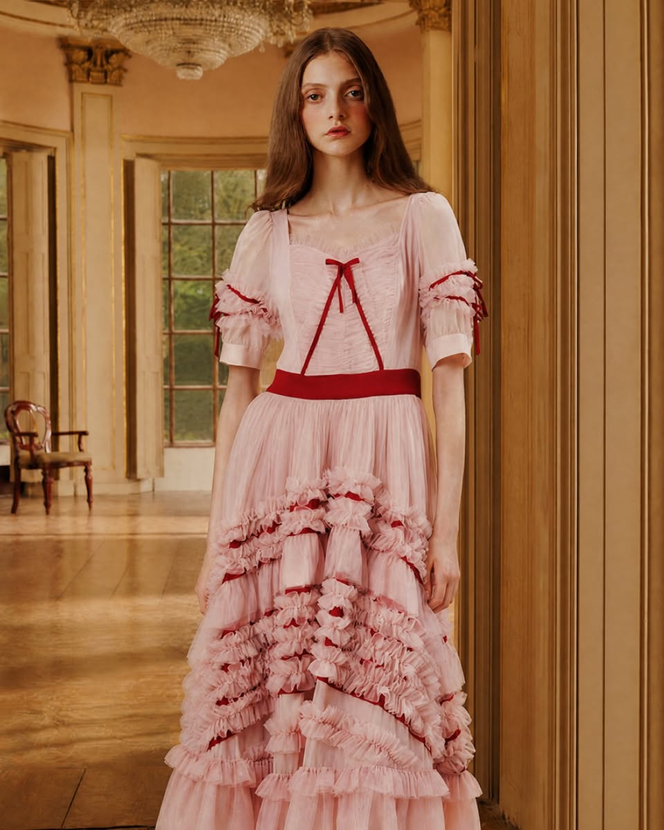 BORA AKSU pink ruffled gown with red trimmings