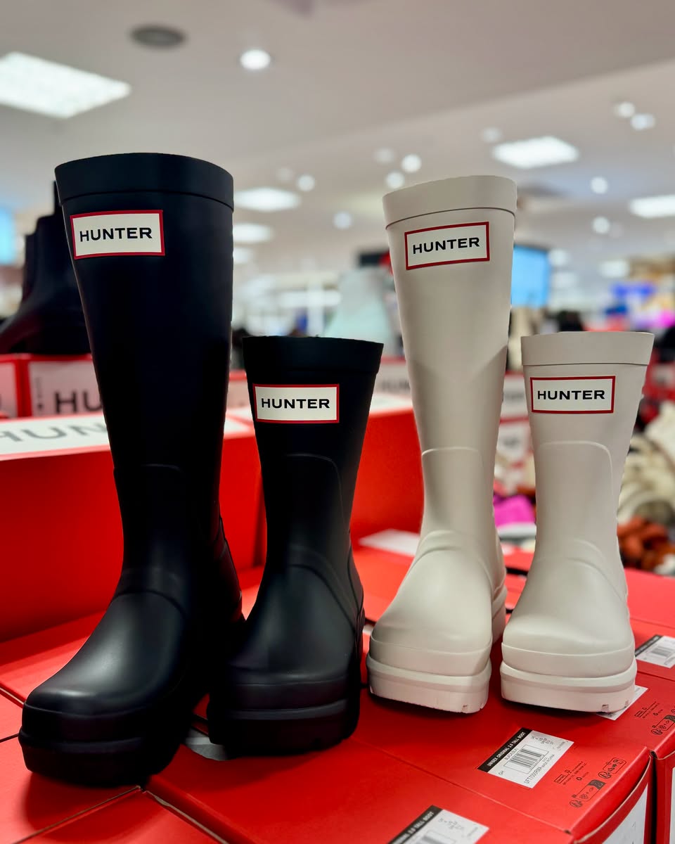 Hunter rain boots in black and white at Takashimaya sale