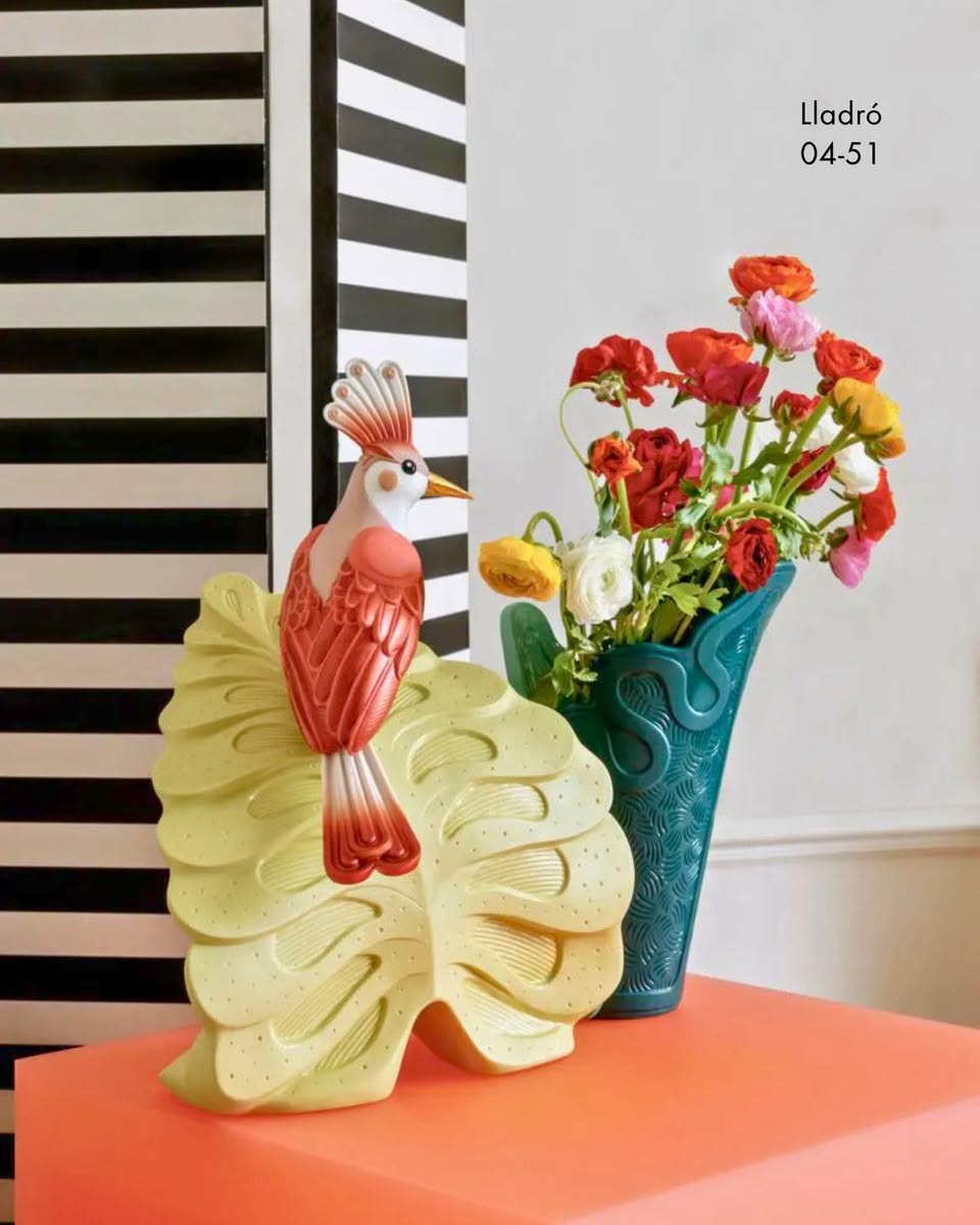 Lladro teal vase and ceramic bird figurine