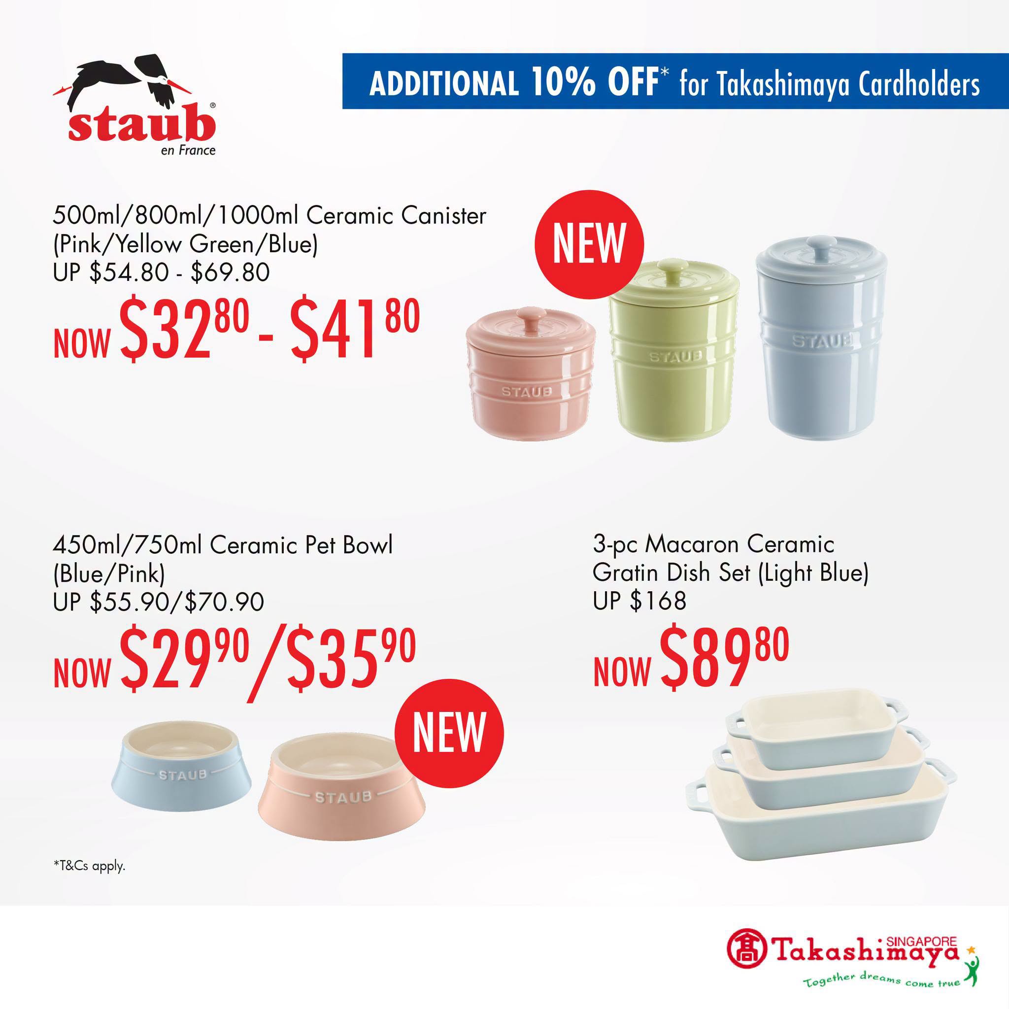 STAUB ceramic canisters, pet bowls, and gratin dishes at Takashimaya Atrium
