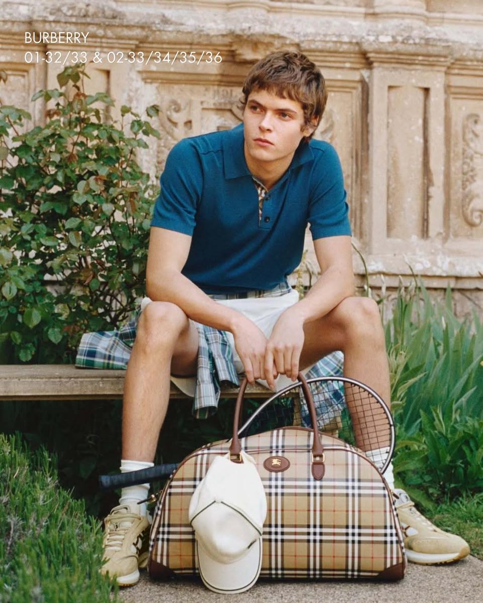 Burberry check-pattern duffel bag with tennis lifestyle setting