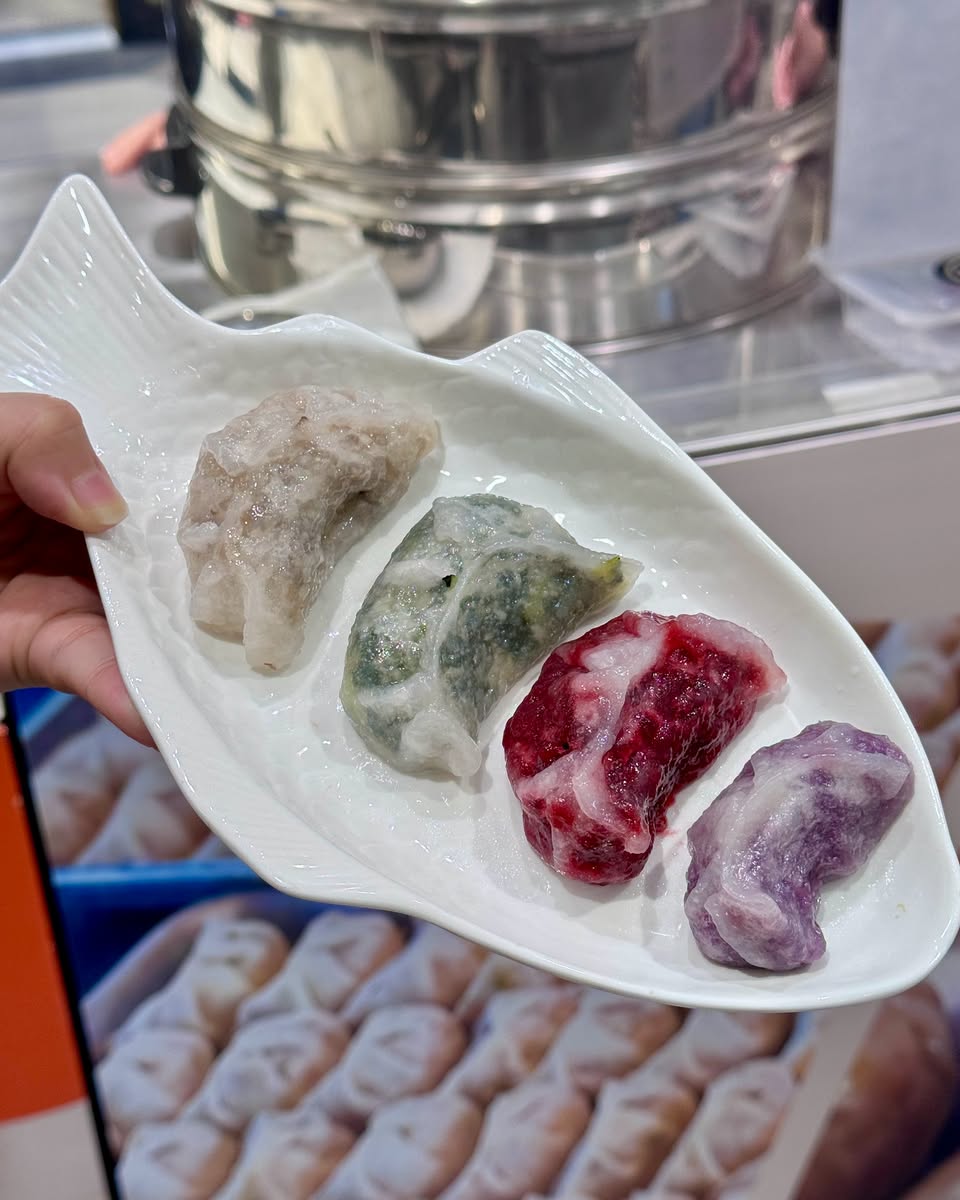 Four varieties of colourful dumplings on fish-shaped plate