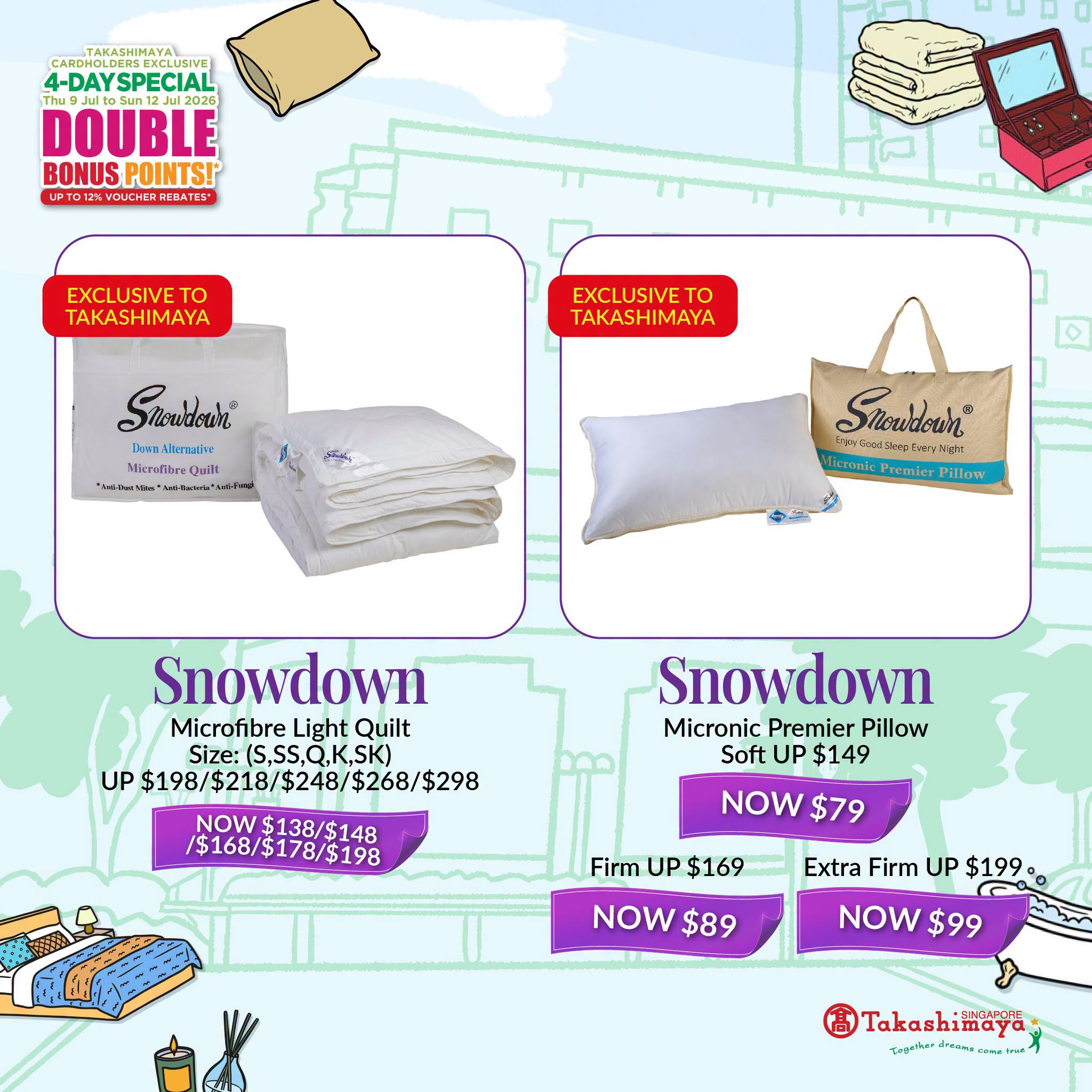 Snowdown microfibre quilts and Micronic Premier pillows at Takashimaya