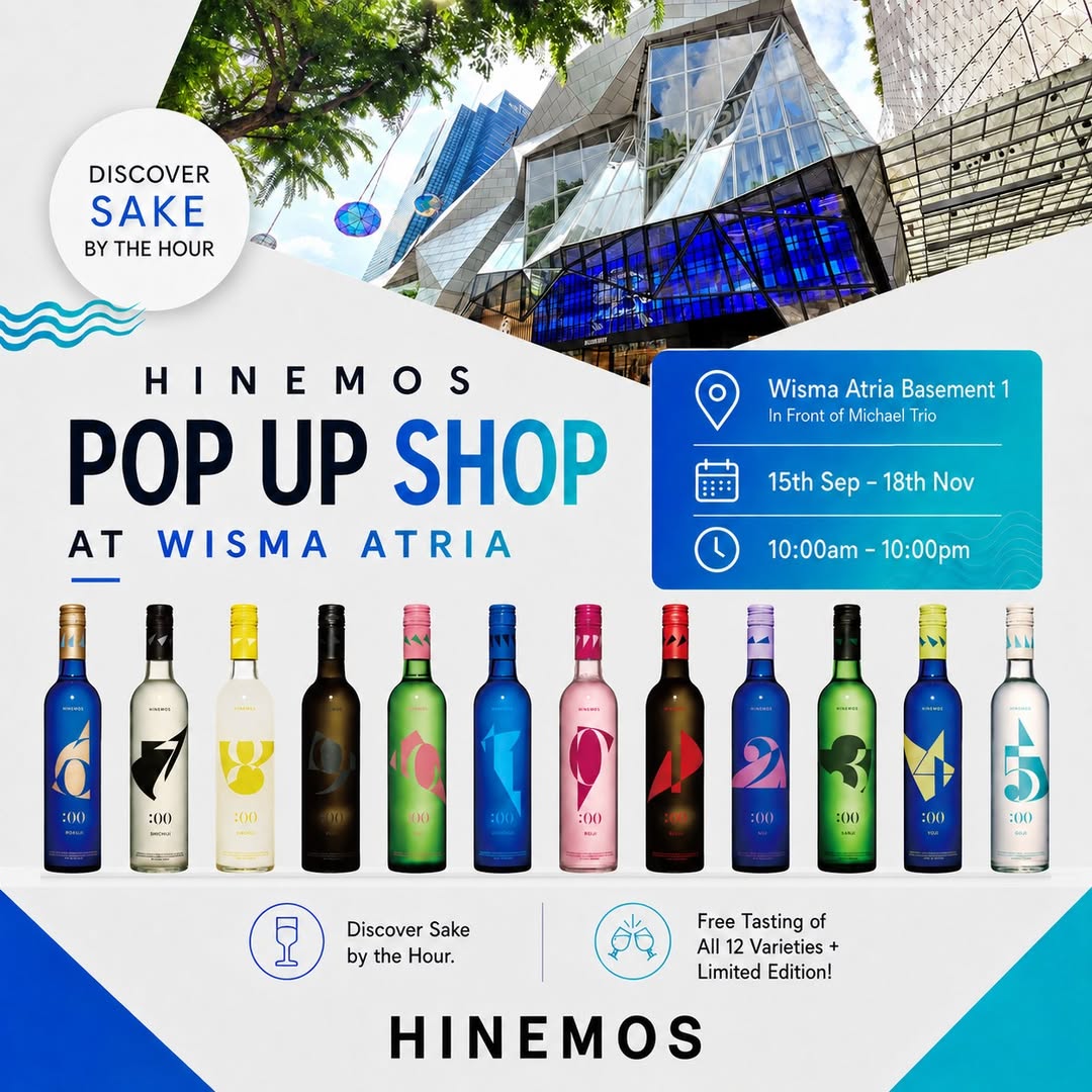 HINEMOS sake pop-up at Wisma Atria B1 featuring 12 Sake by the Hour bottle designs