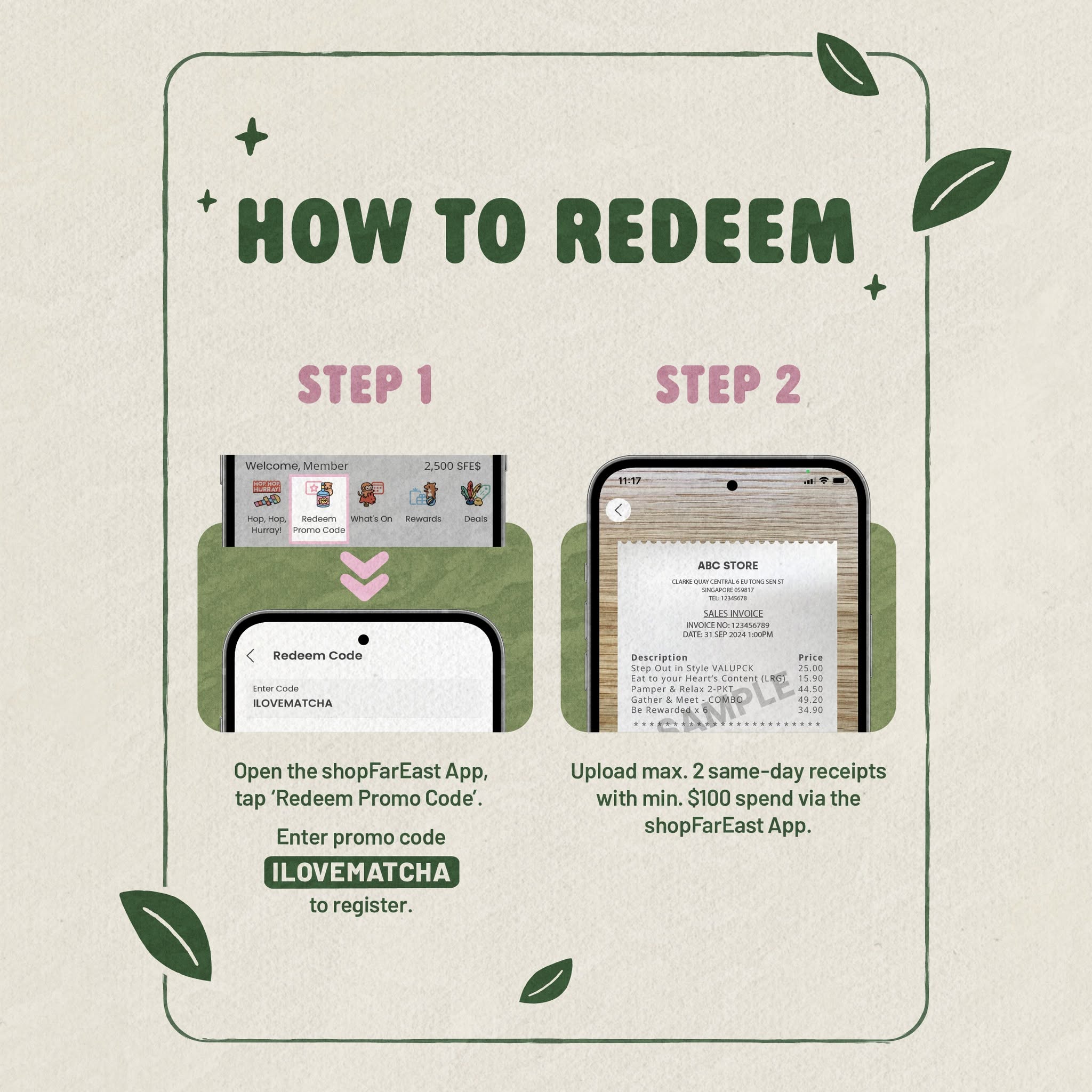 shopFarEast app redemption instructions for Matcha Central