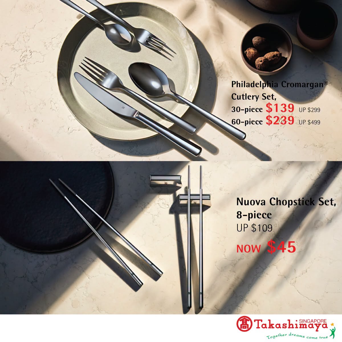 WMF Philadelphia Cromargan cutlery and Nuova chopstick sets at Takashimaya