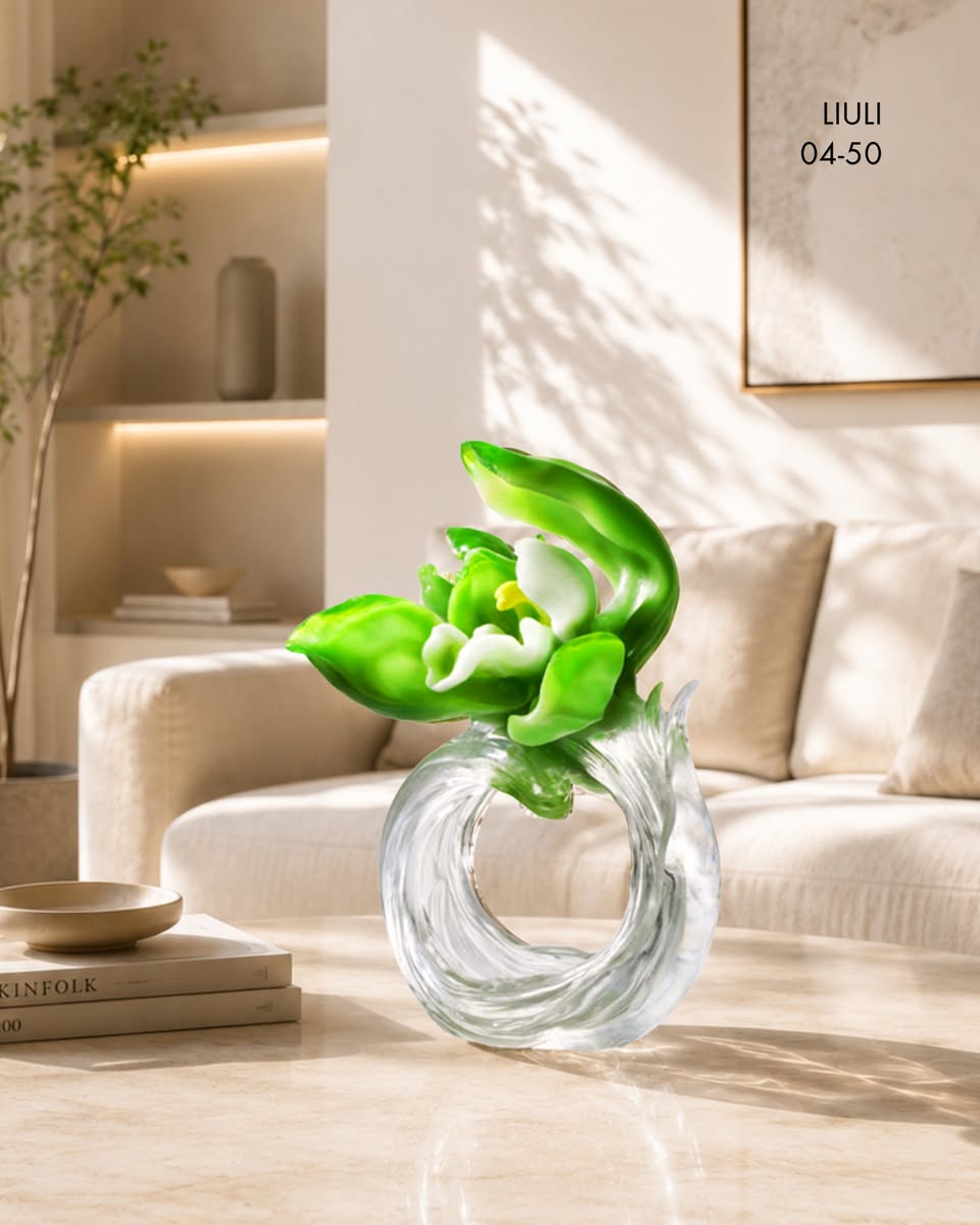 LIULI glass vase with green orchid sculpture