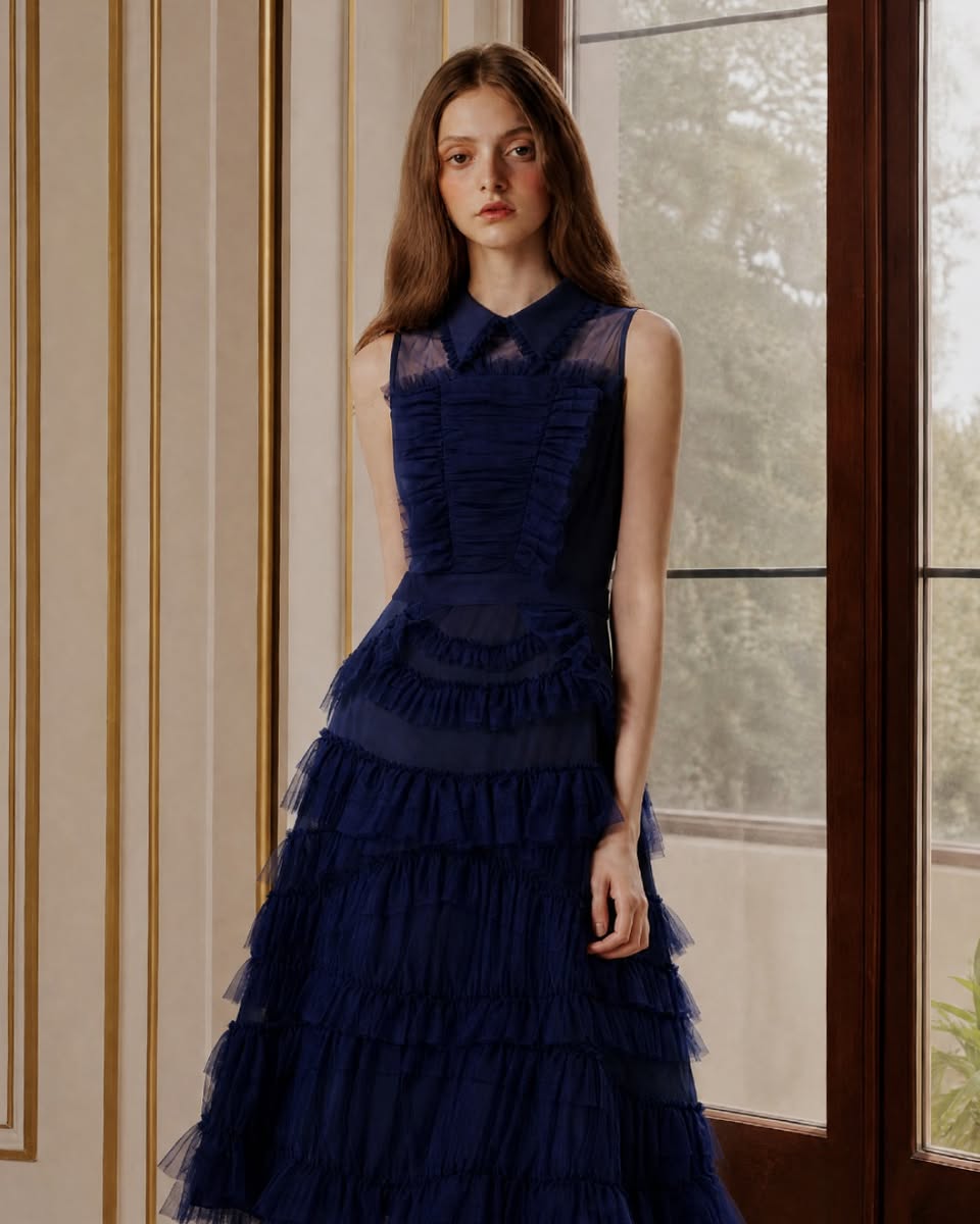 BORA AKSU navy tiered ruffled gown