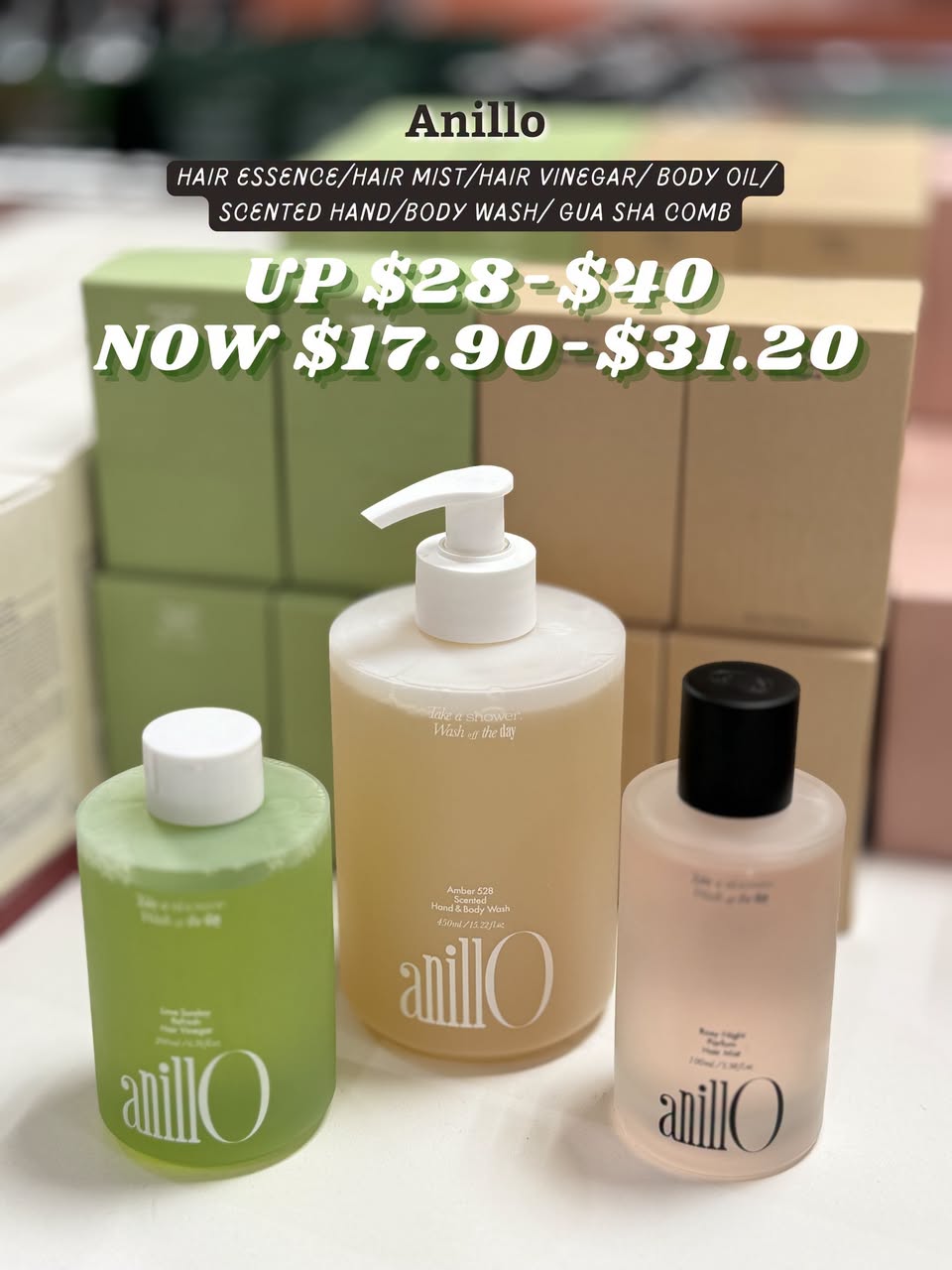 Anillo hair and body care products on promotion