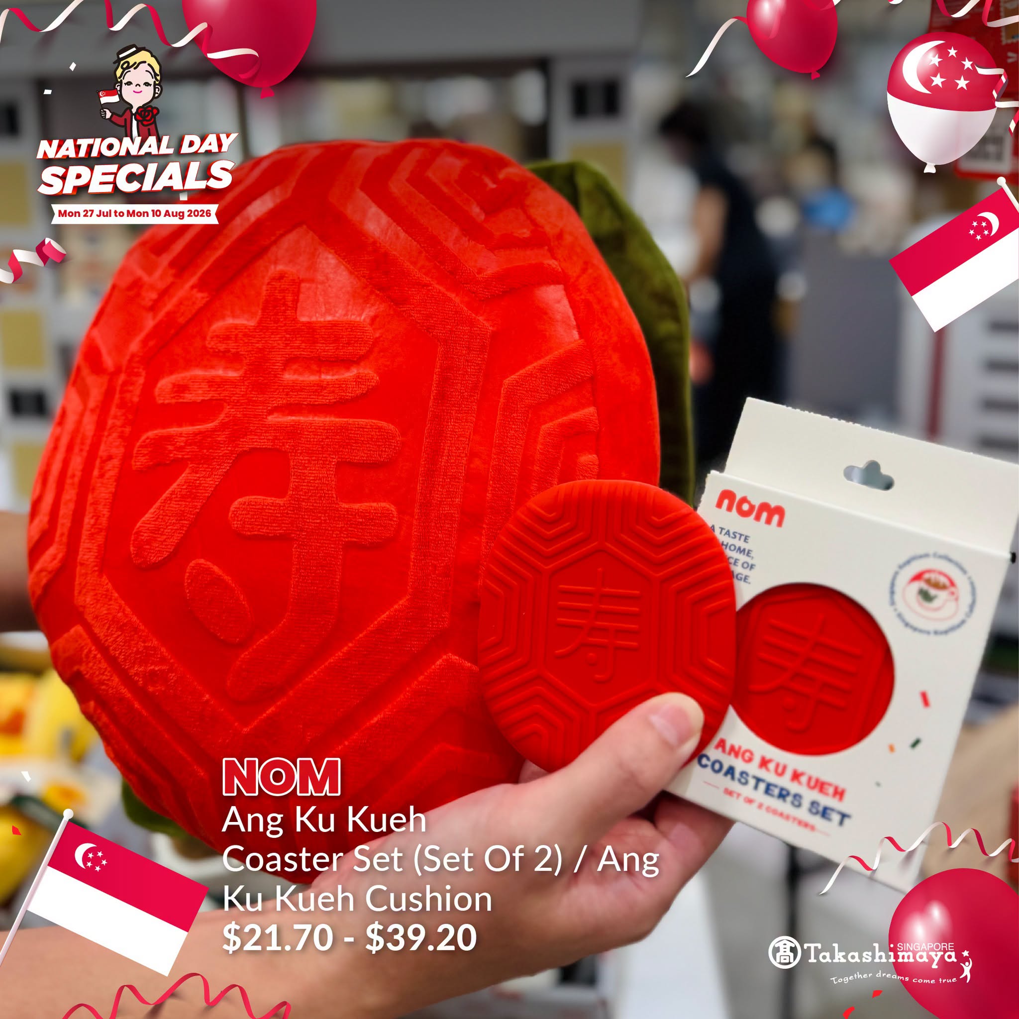 NOM Ang Ku Kueh Coaster Set and Cushion