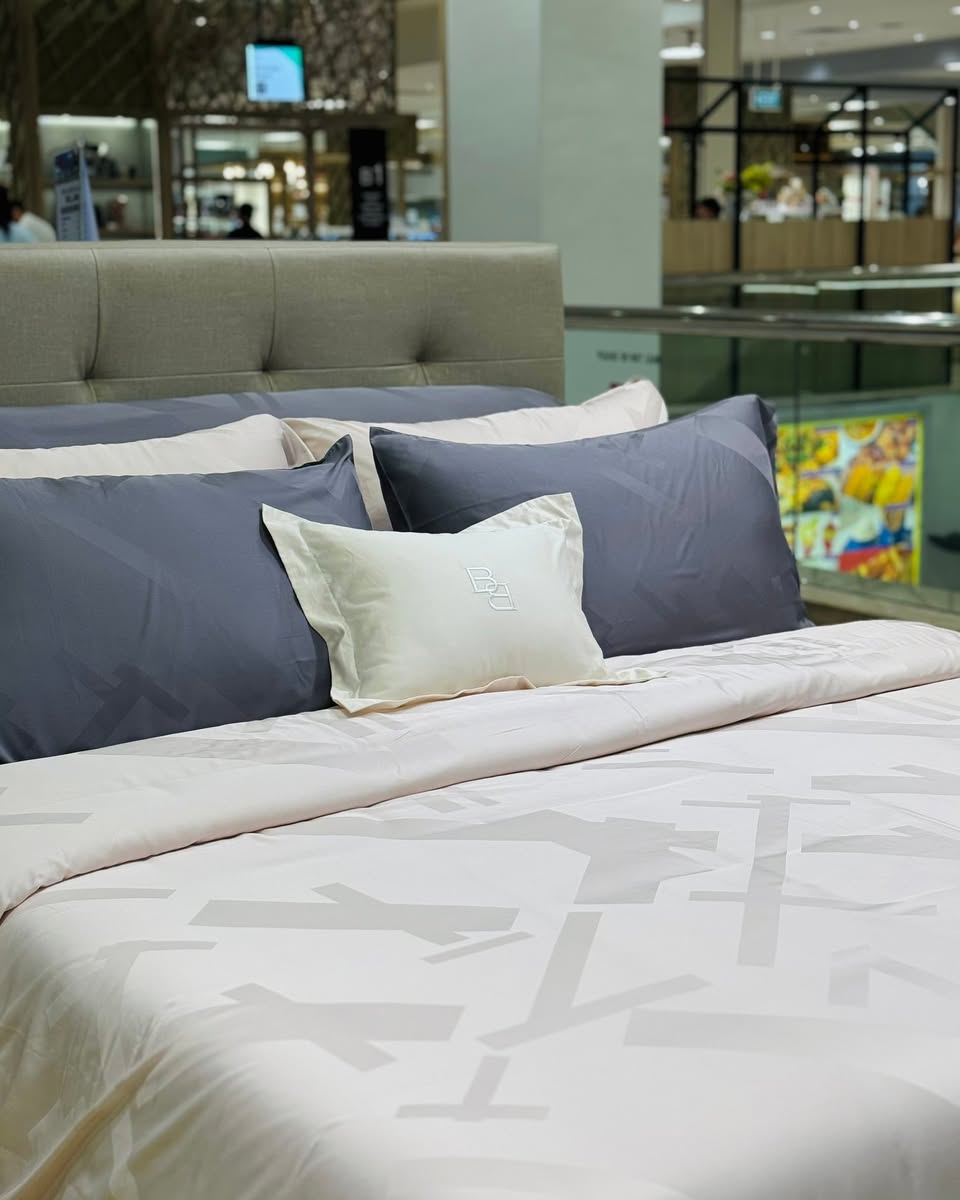 Bedding set with abstract gray pattern on display at Takashimaya Interior Department