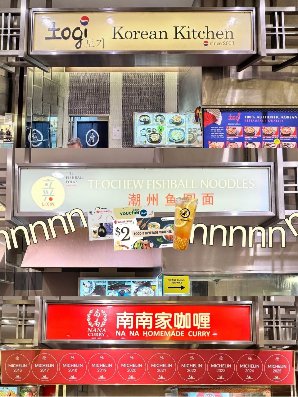 Food Village stalls including TOGI Korean Kitchen and The Fishball Folks