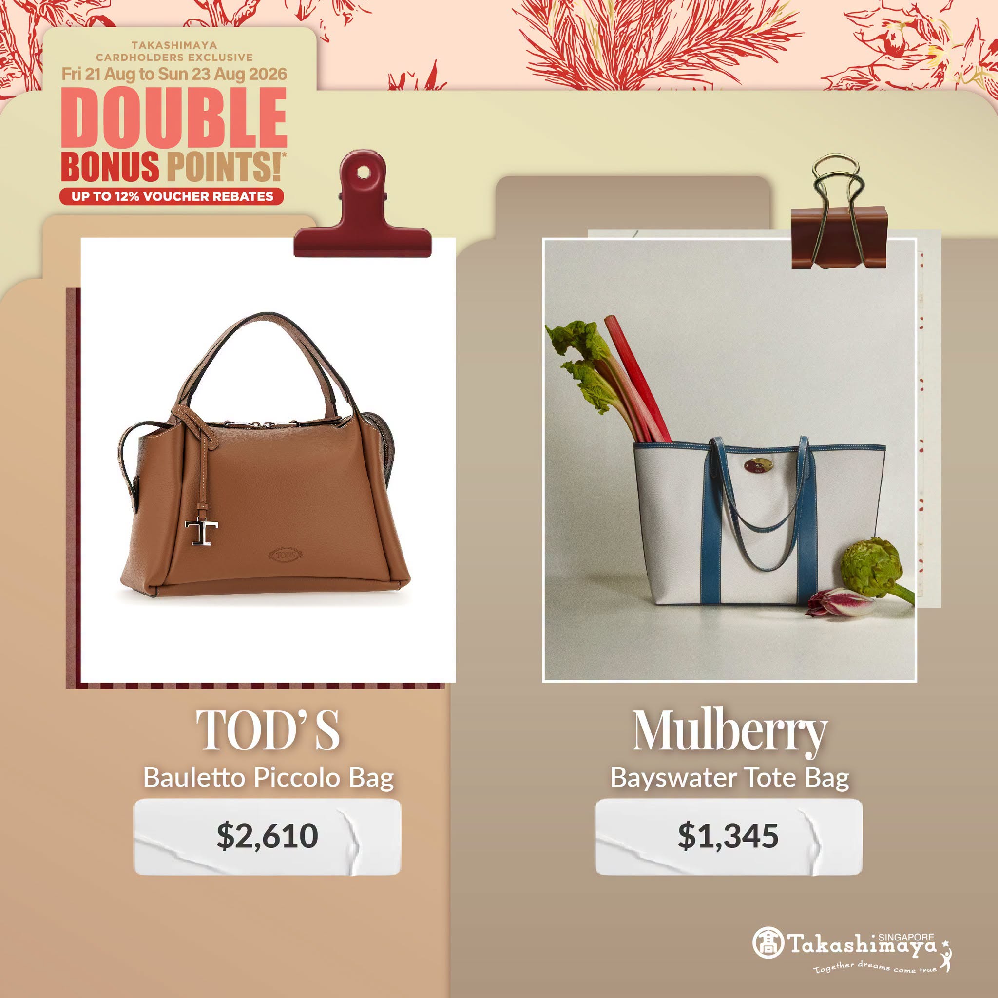Tod's Bauletto Piccolo Bag and Mulberry Bayswater Tote Bag at Takashimaya
