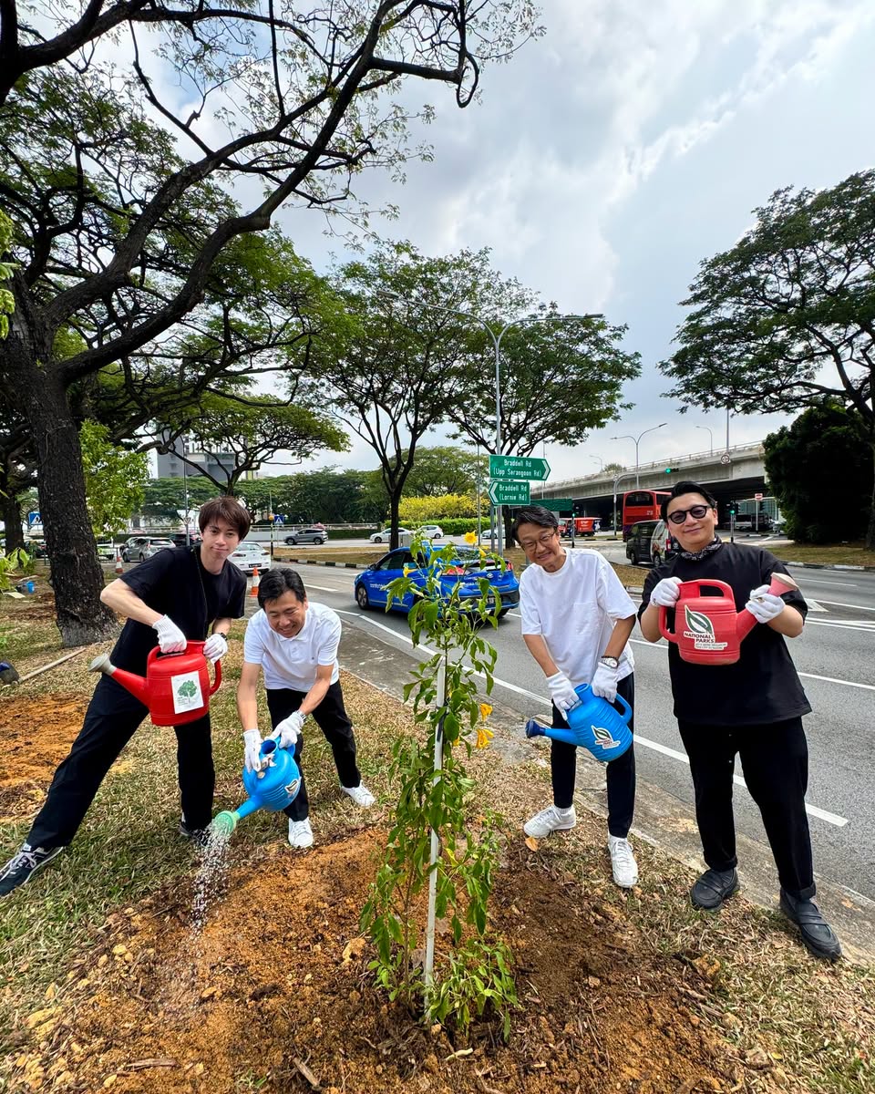 Volunteers watering newly planted trees along Braddell Road