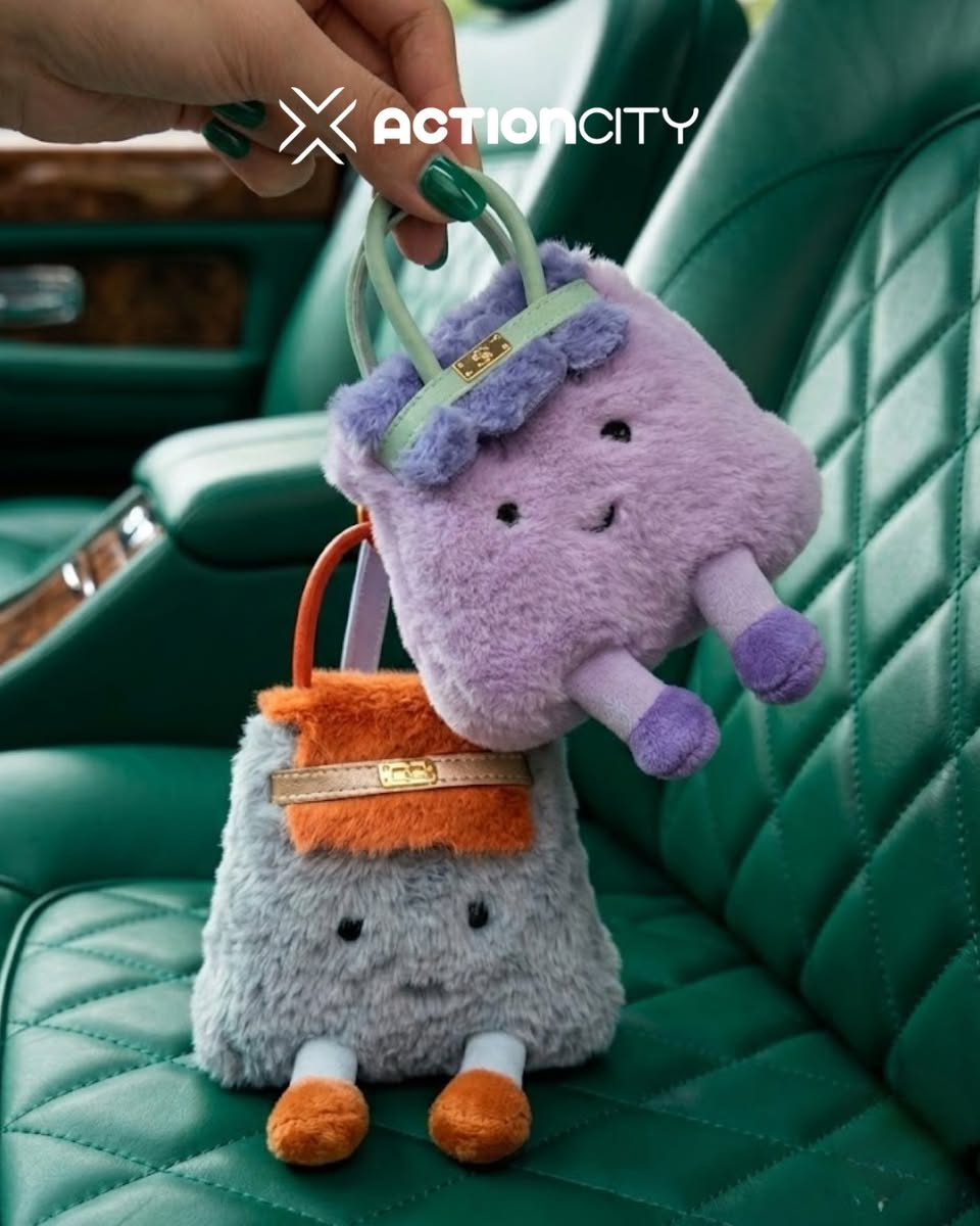 Purple and gray Lollipoppi plush bag charms