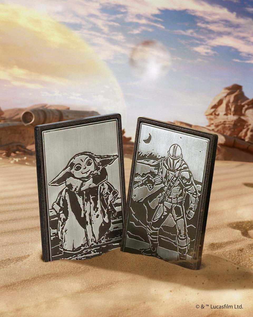 Royal Selangor engraved metal plaques of Grogu and The Mandalorian