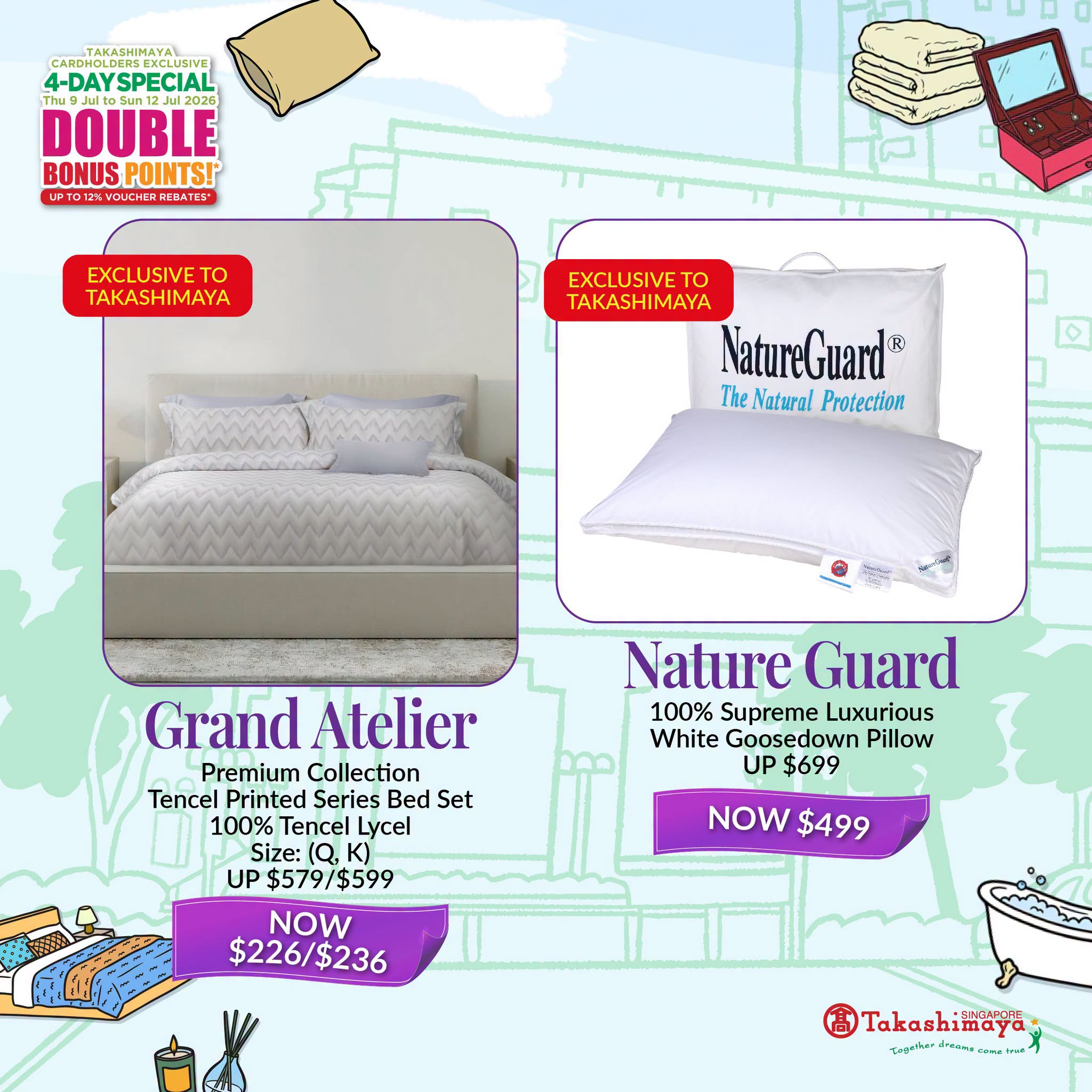 Grand Atelier Tencel Printed bed set and Nature Guard goose down pillow at Takashimaya