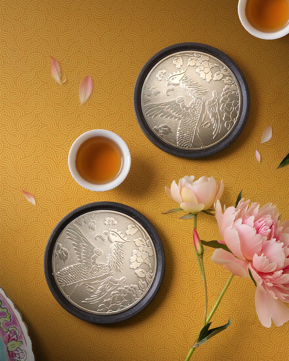 Royal Selangor silver-plated tea coasters with phoenix engravings